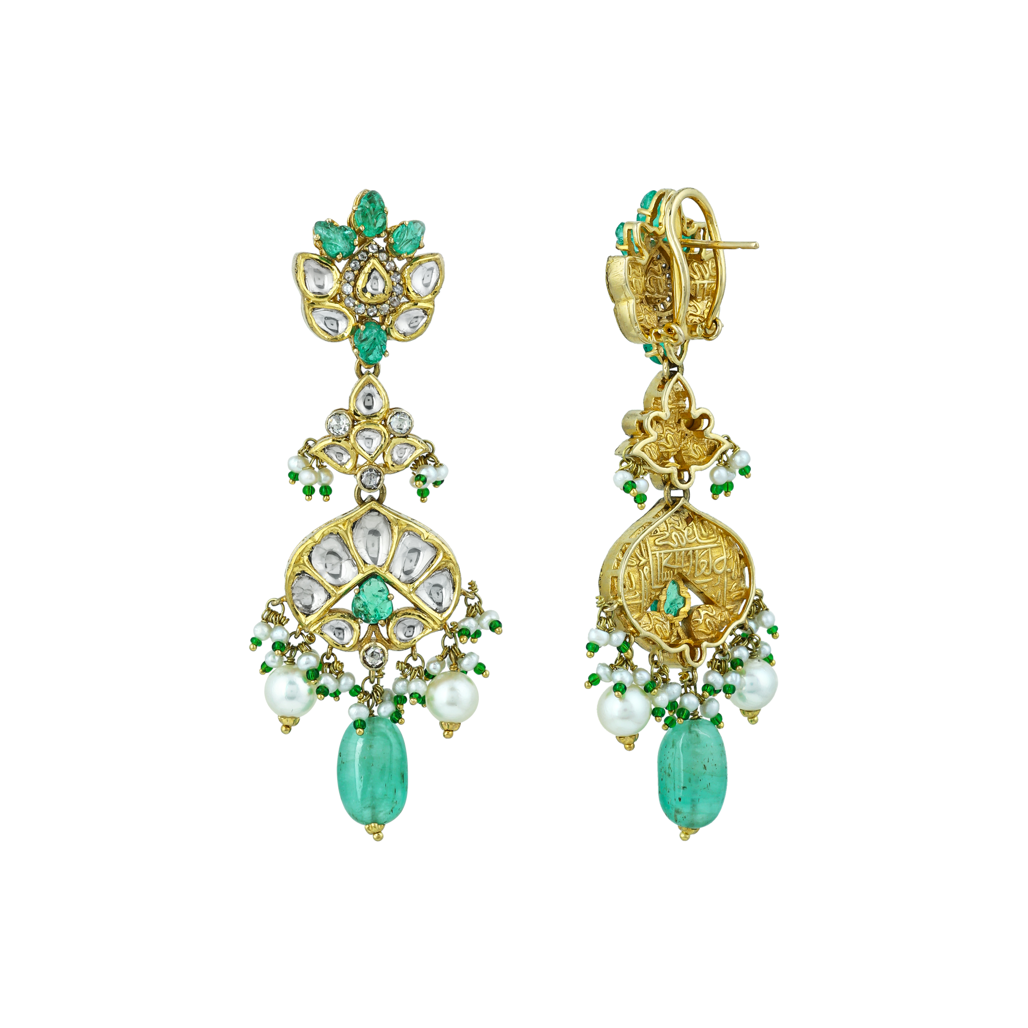 Pendant Necklace Set with Uncut Diamond Polki ,Green Tumble and Pearls