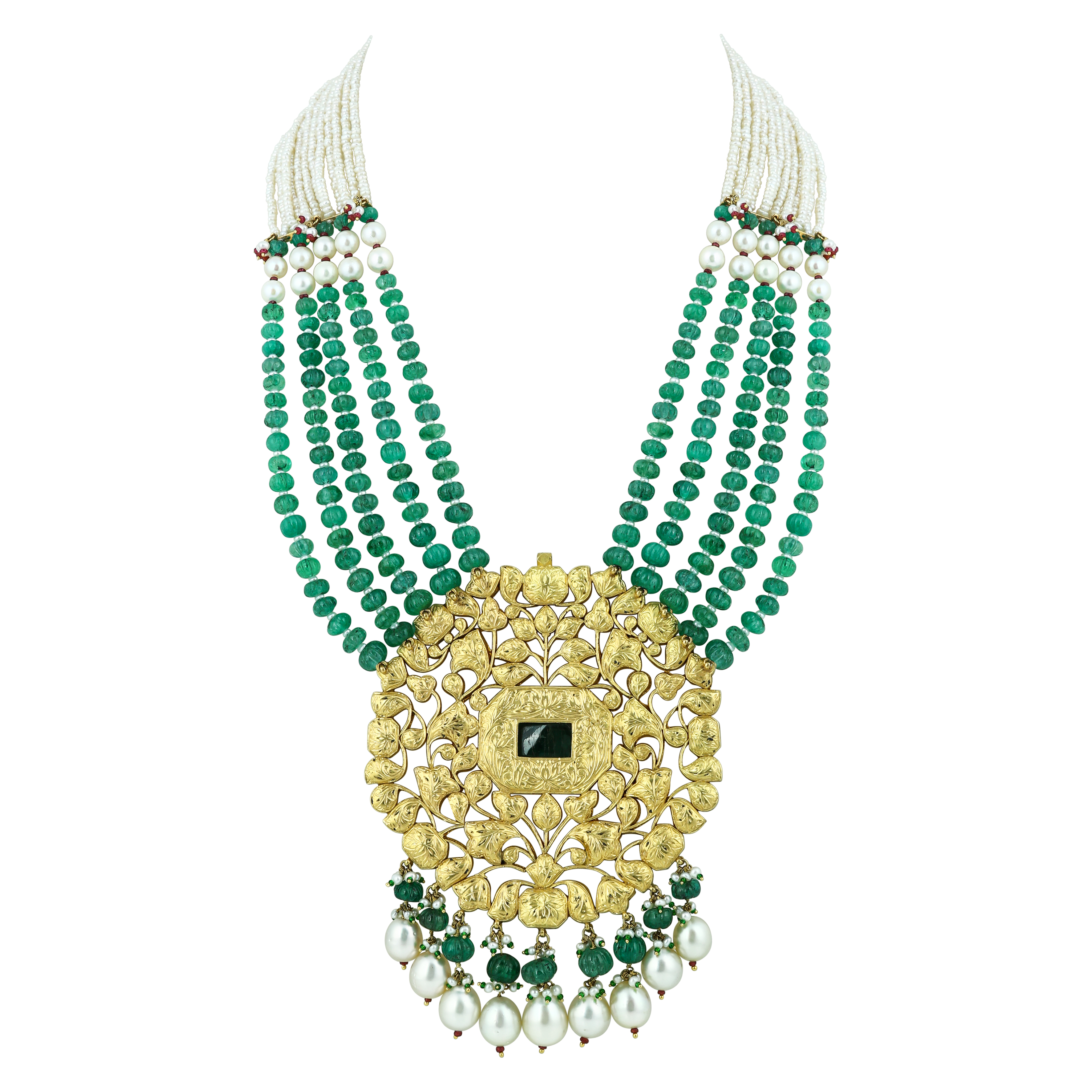 Emerald Melon Bead Necklace with Polki, Pearl Strands and Drops