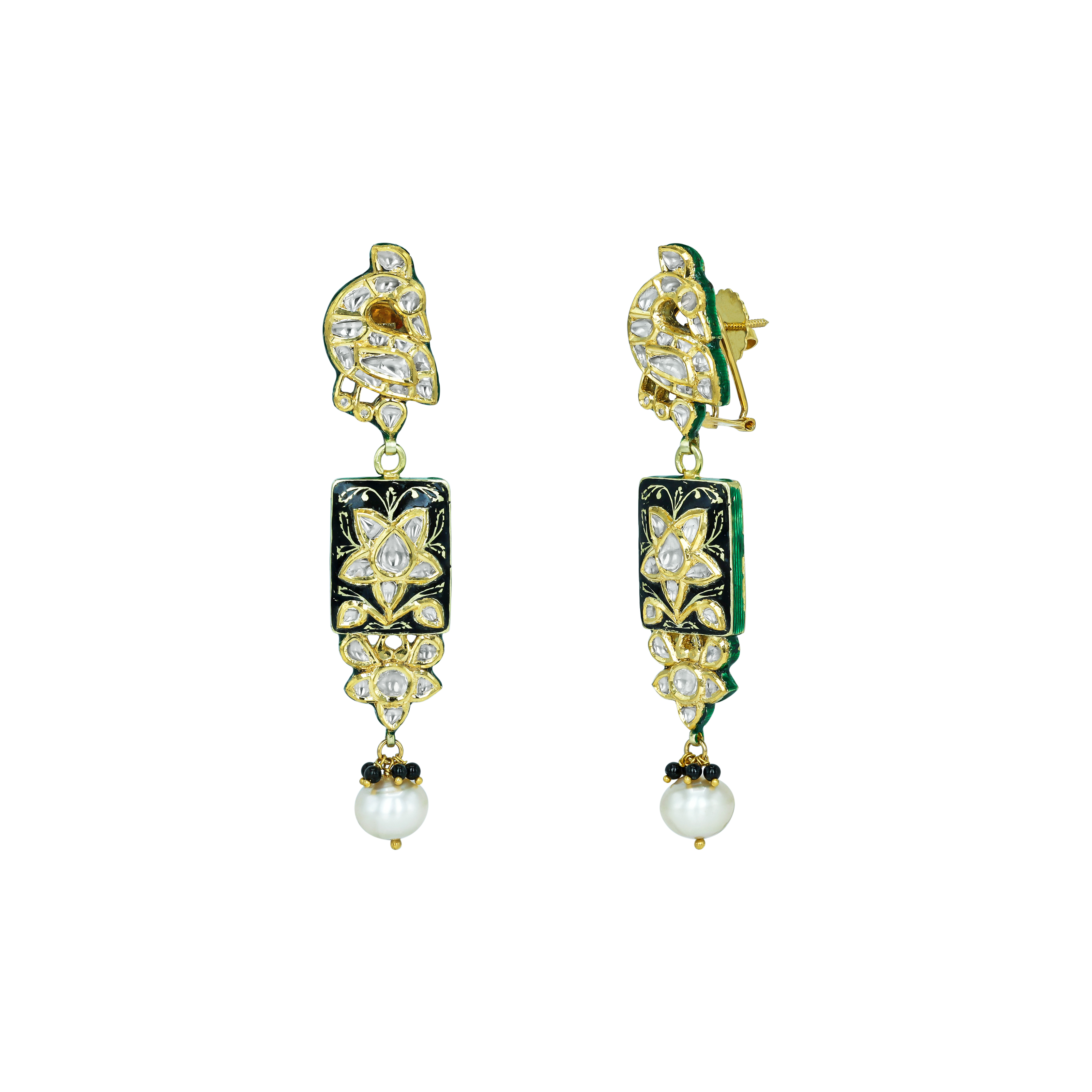 Polki Earrings with Black Enamel and Pearls