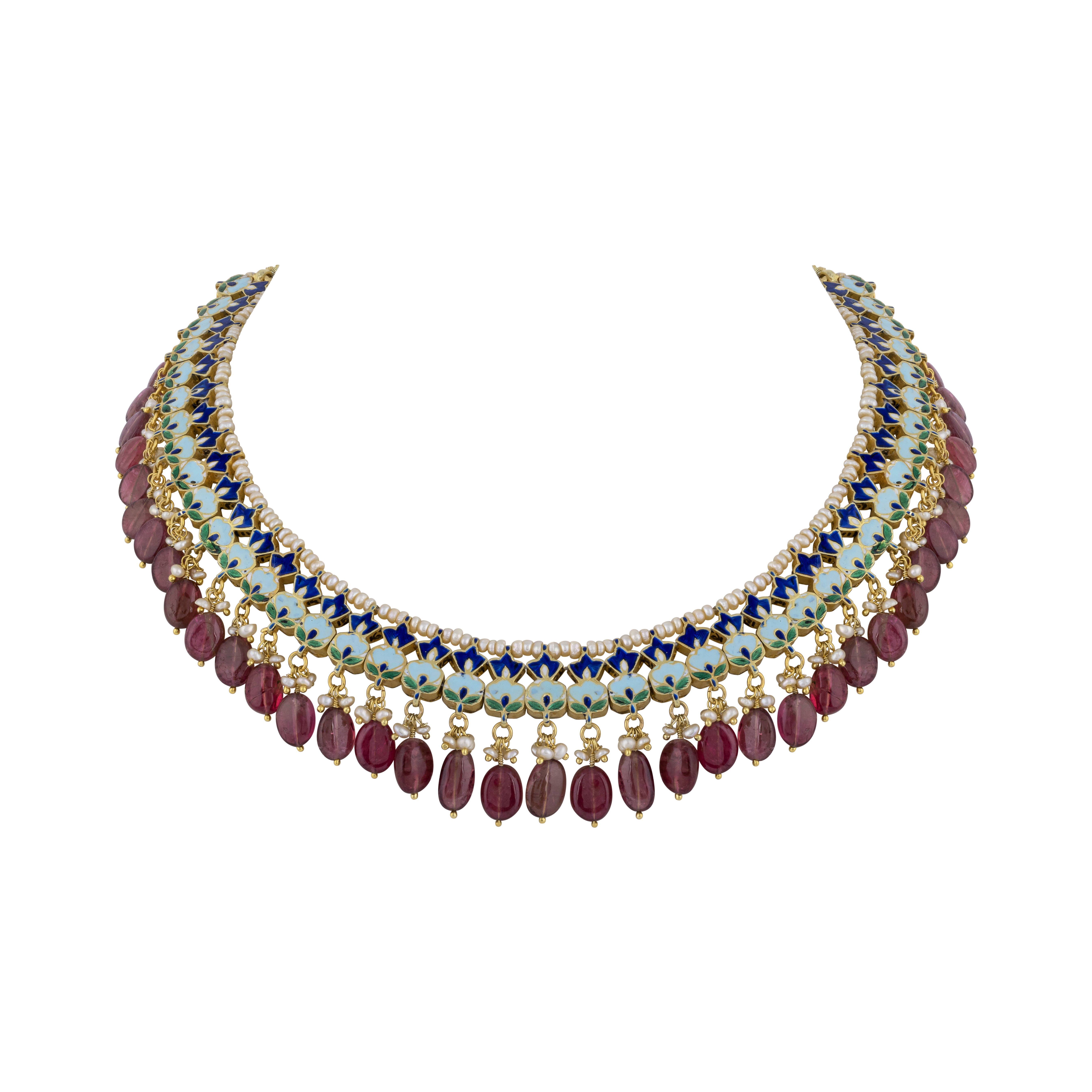 Polki Necklace with Tourmaline Drops and Pearl Beads