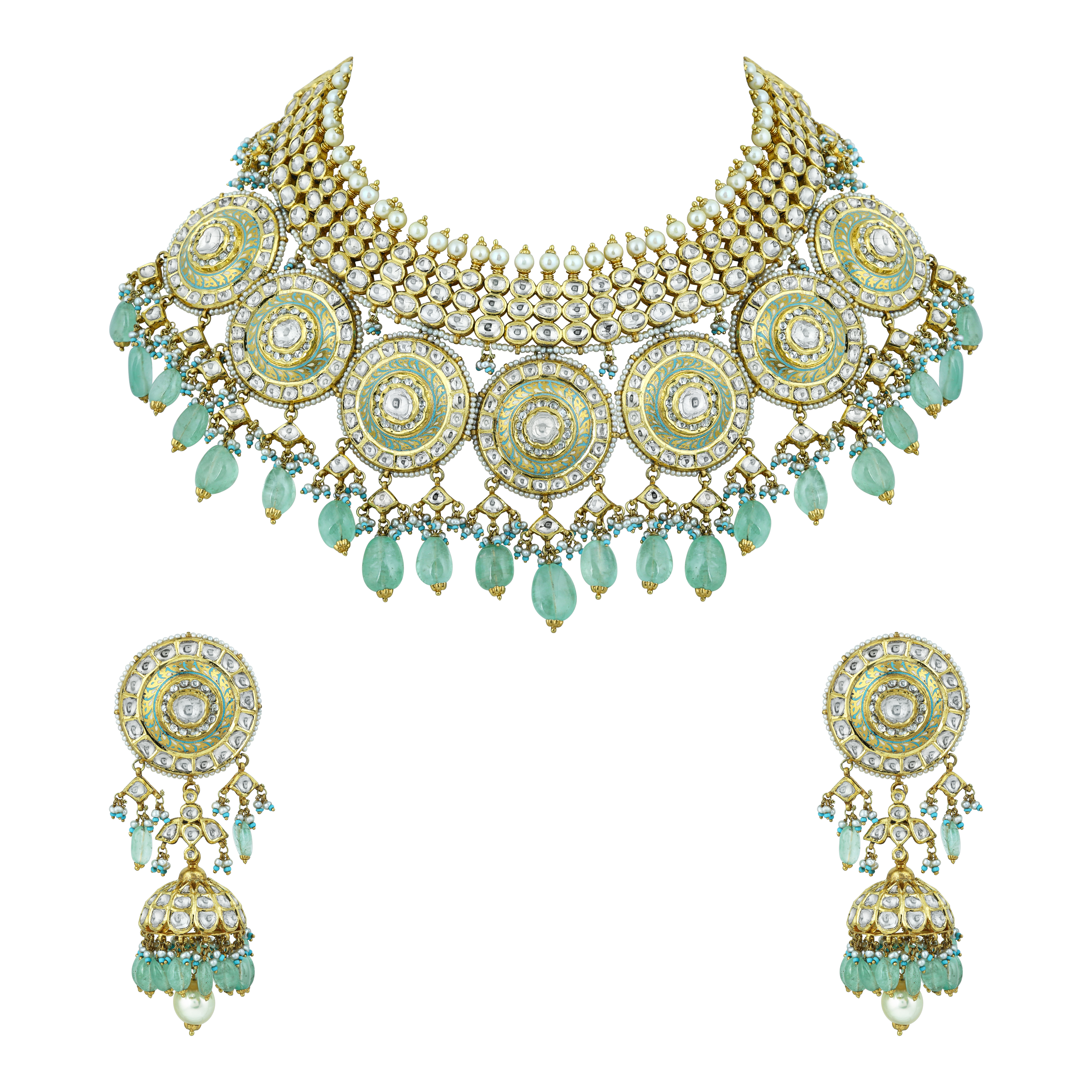 Meenakari Polki Necklace Set with Mint Green Drops and Pearls