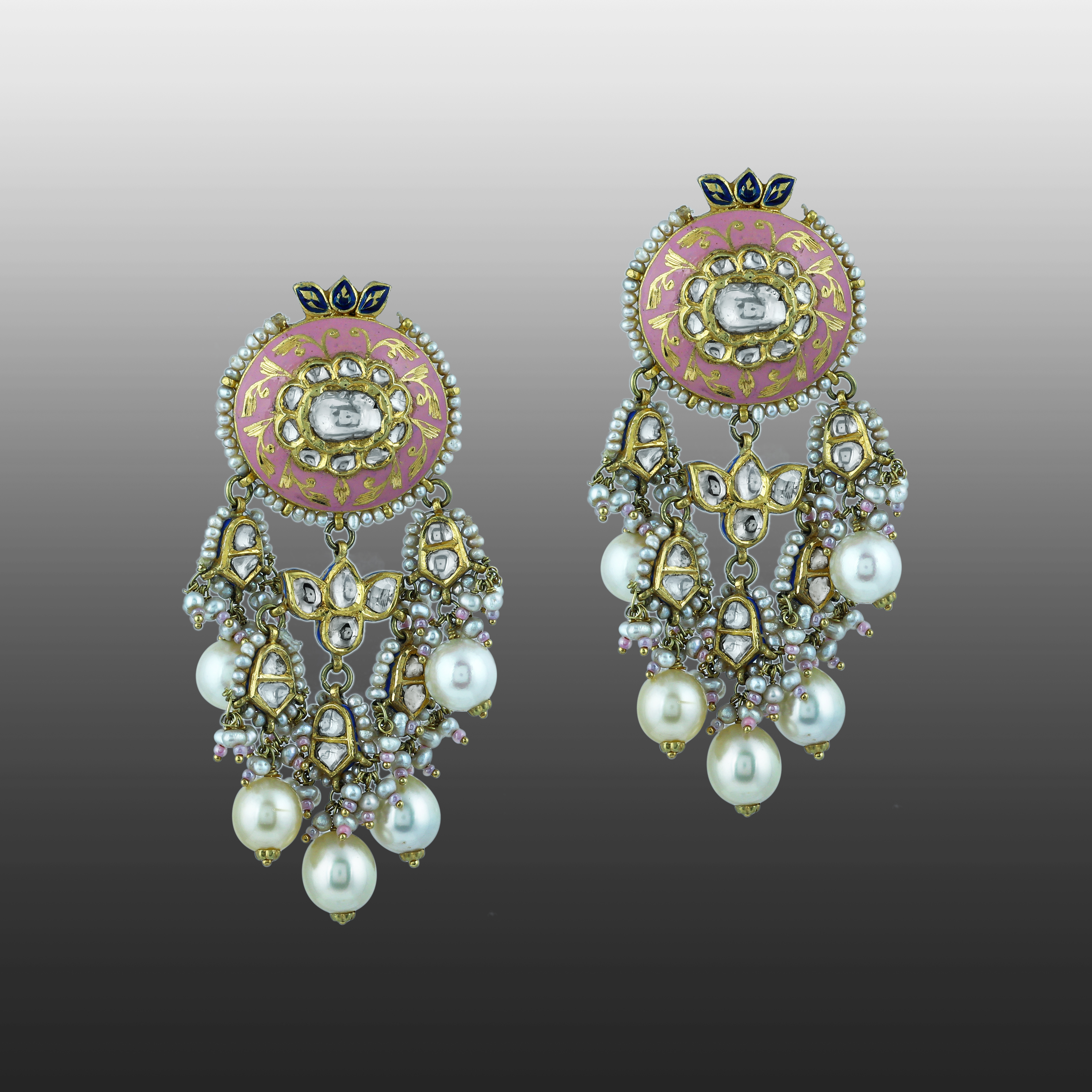 Pink Enamel Necklace Set with Uncut Diamond Polkis & Pearls