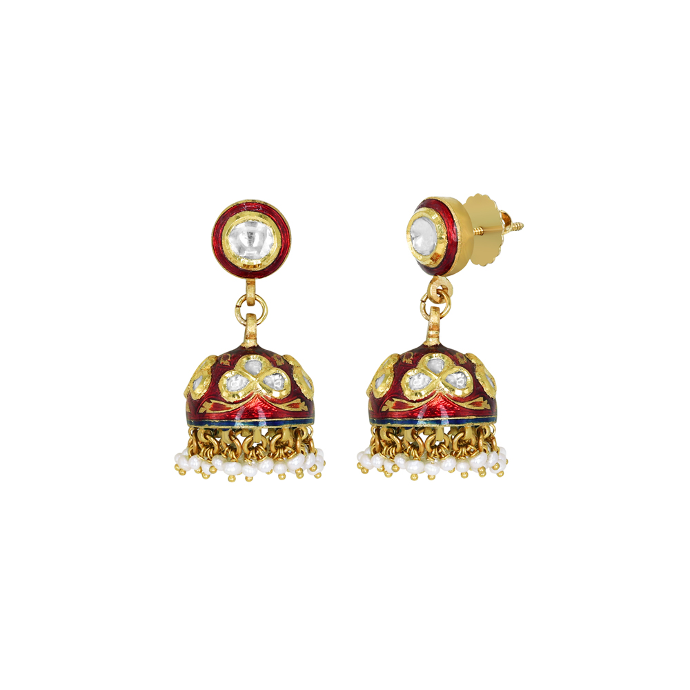 Polki Jhumkas with Red Enamel Domes and Pearl Fringes