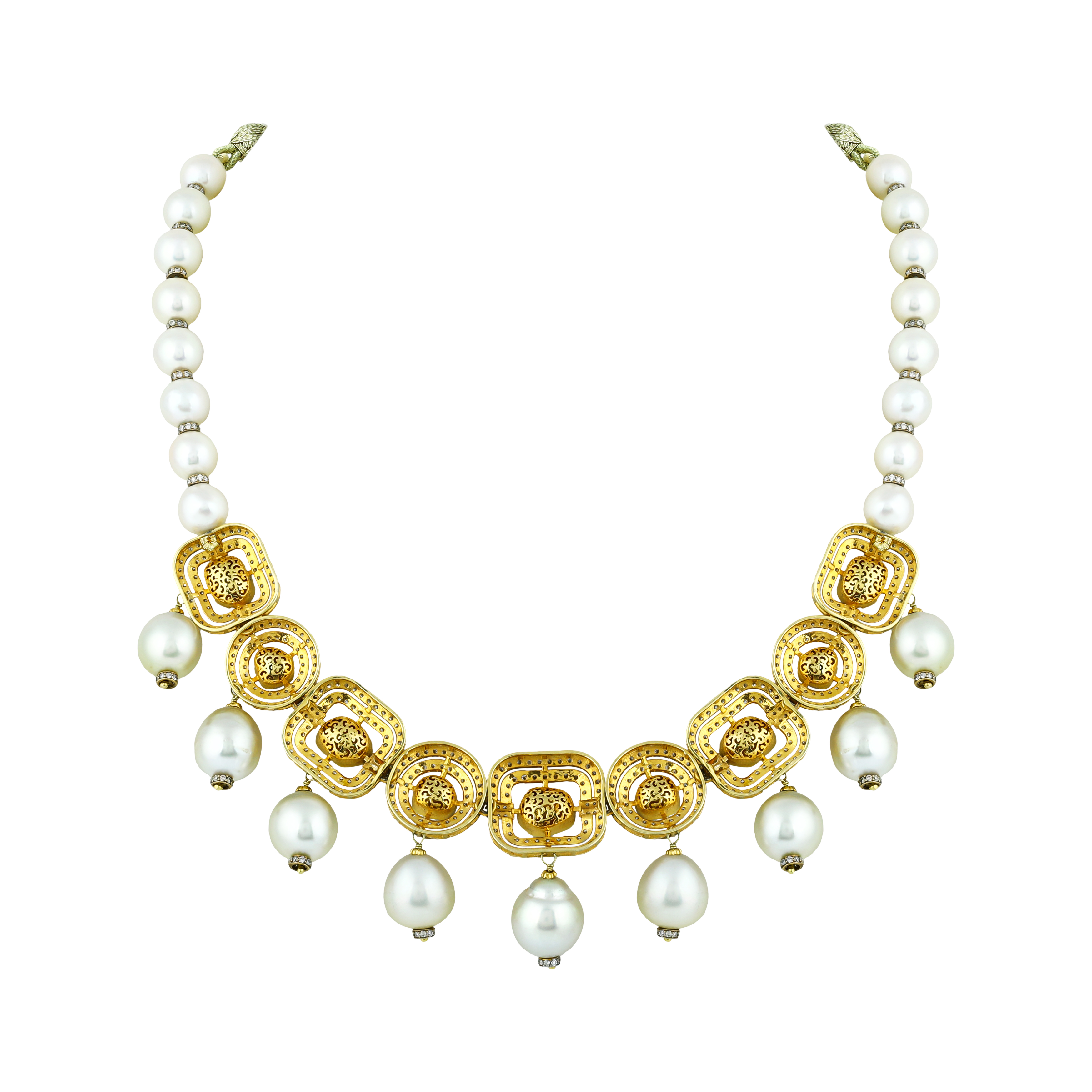Square Polki Necklace with Diamond Frames & Southsea Pearls