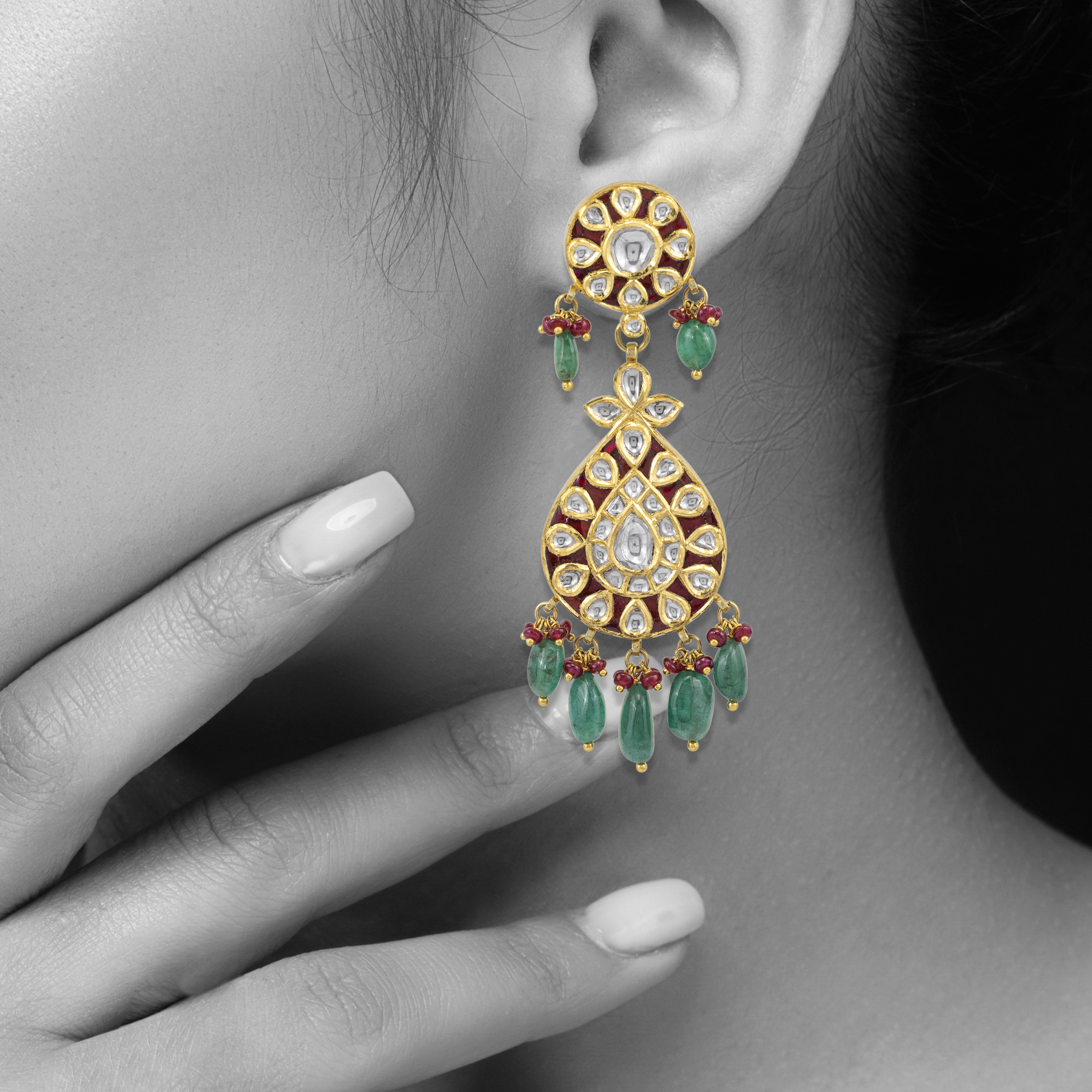 Teardrop Polki Earrings with Emerald Beads