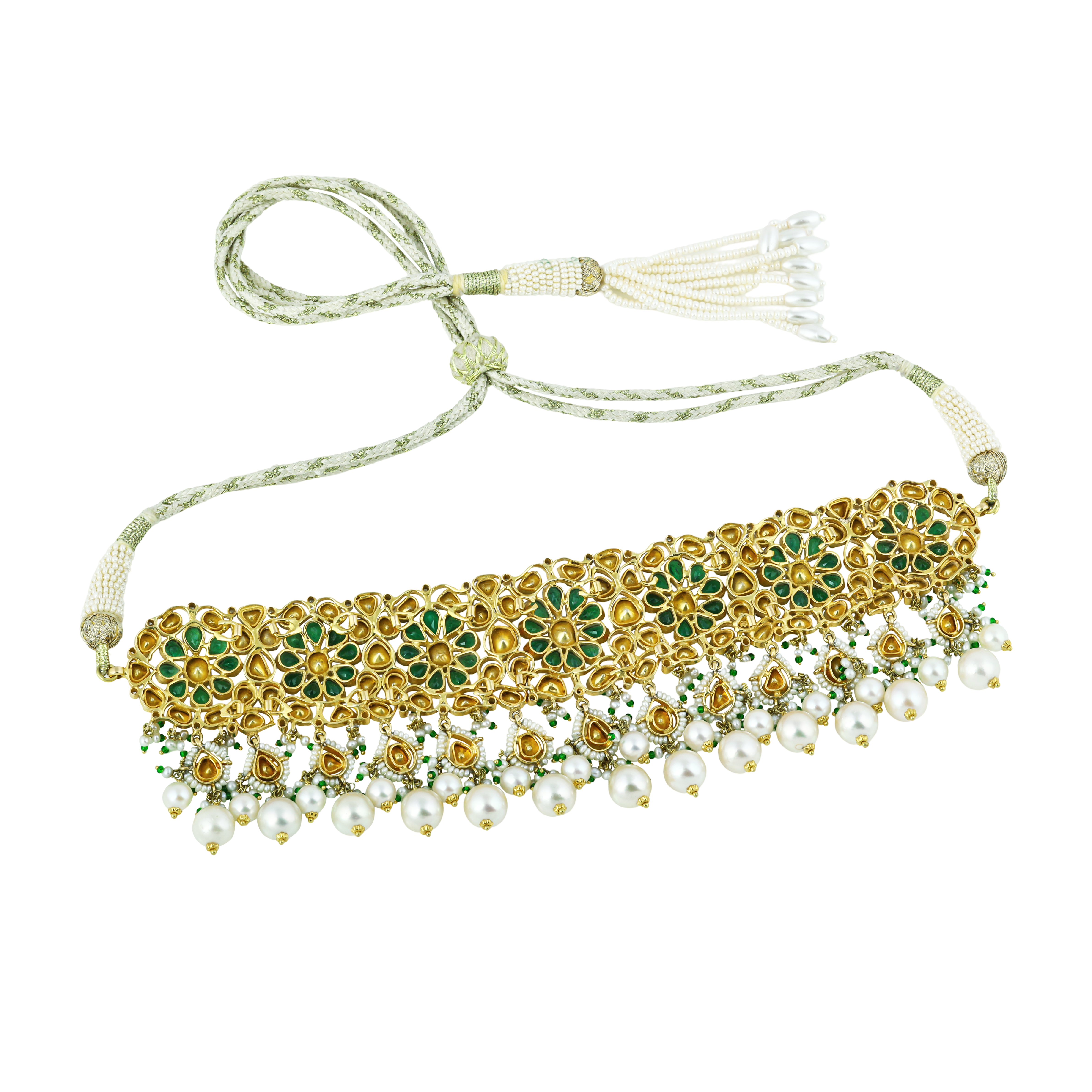 Floral Polki Choker Set with Emeralds and Pearl Drops