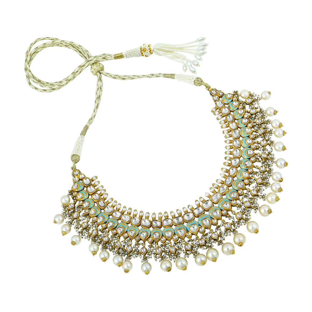 Mint Meenakari Necklace Set with Polki & Pearls