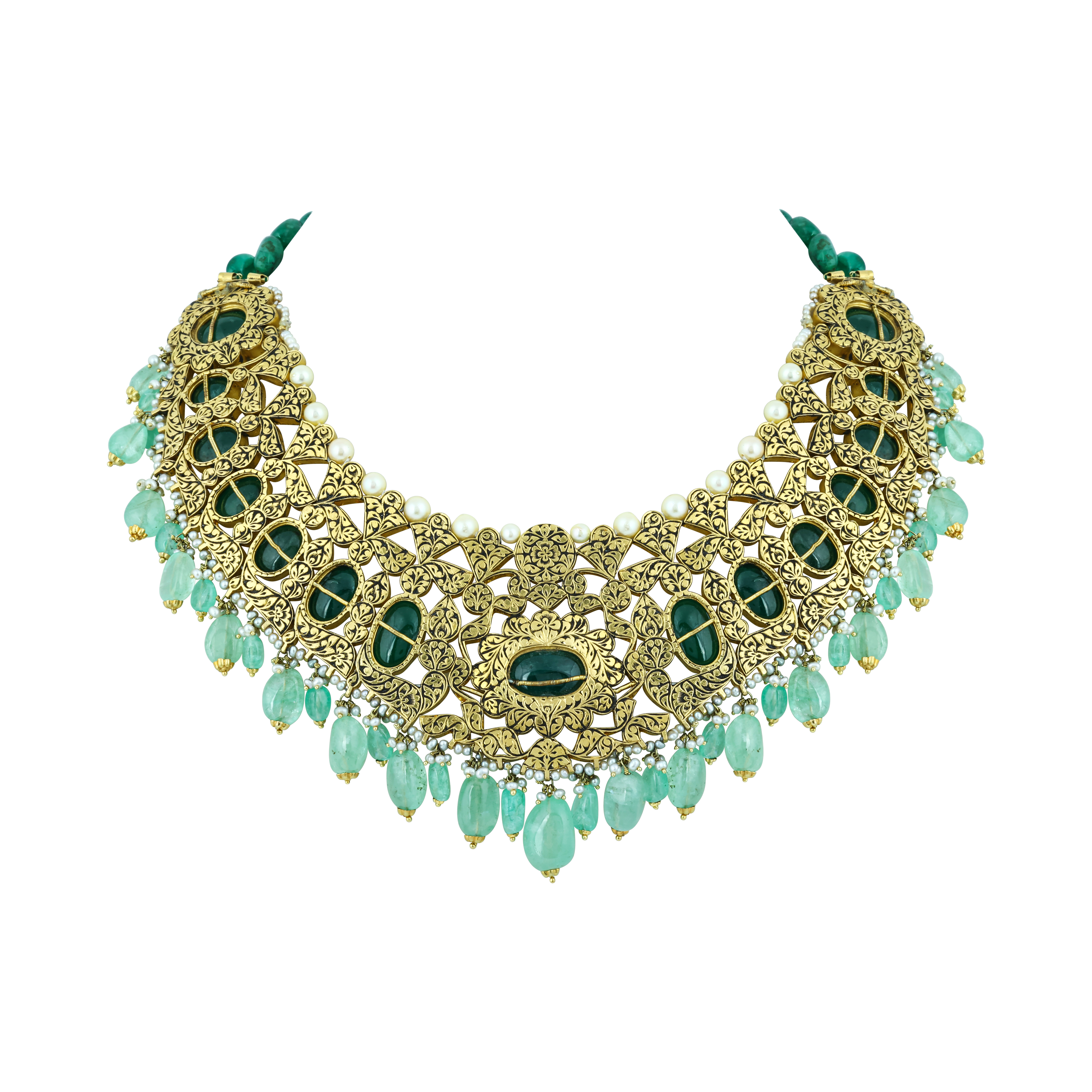 Green Cabochons & Polki Necklace Set with Pearl Accents