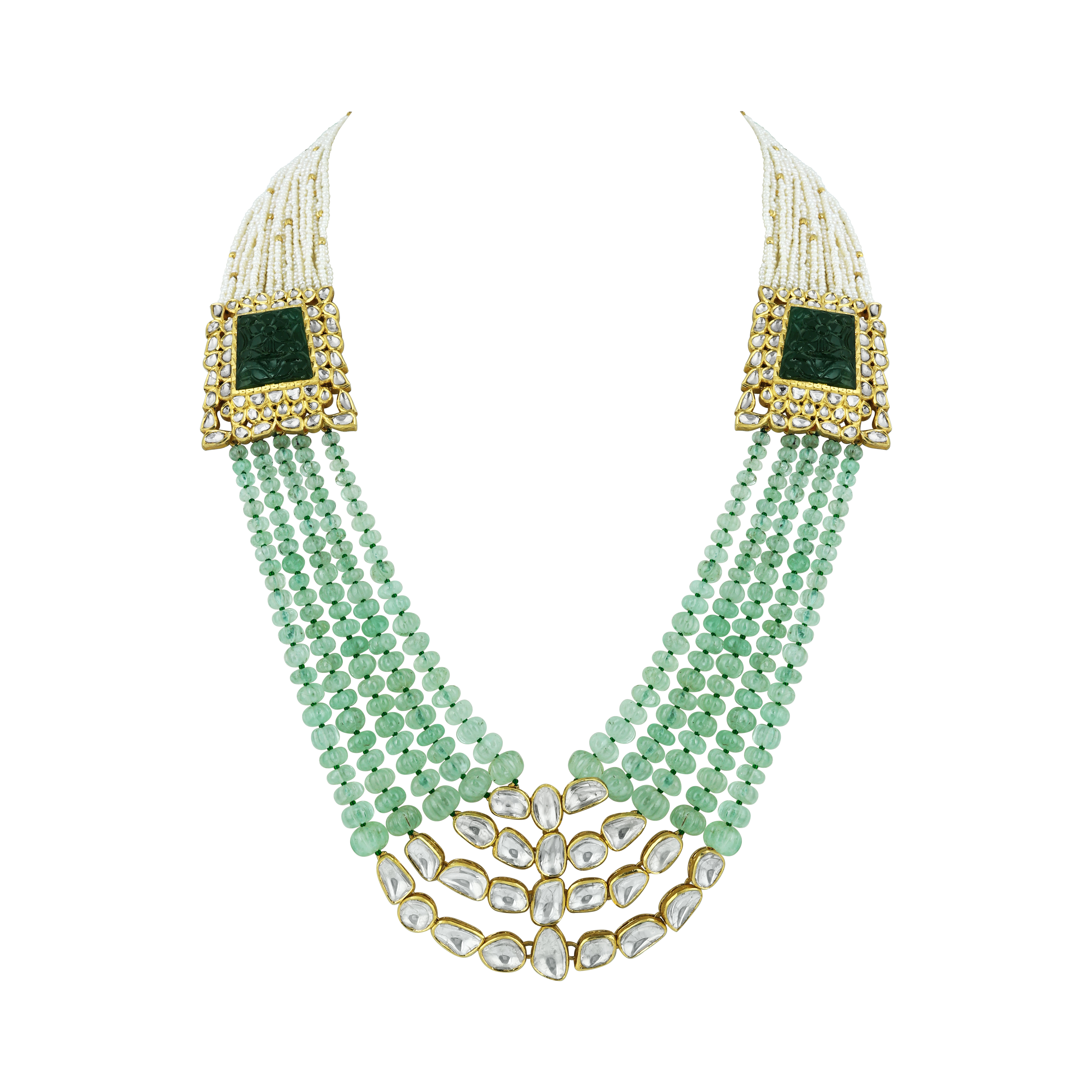 Polki Necklace with Carved Gemstone & Cascading Green Beads