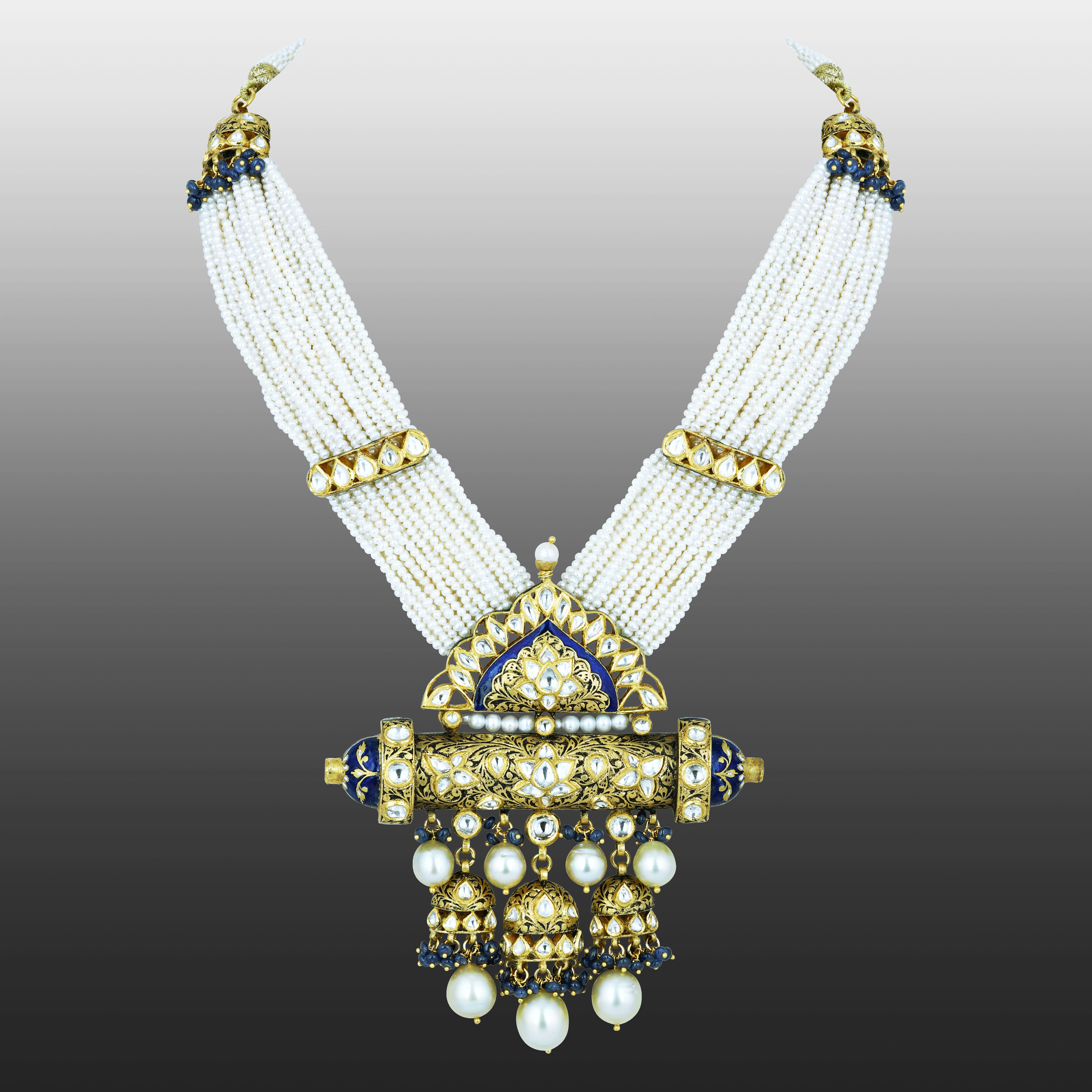 Pearl Strand Necklace with Polki Pendant and Blue Enamel