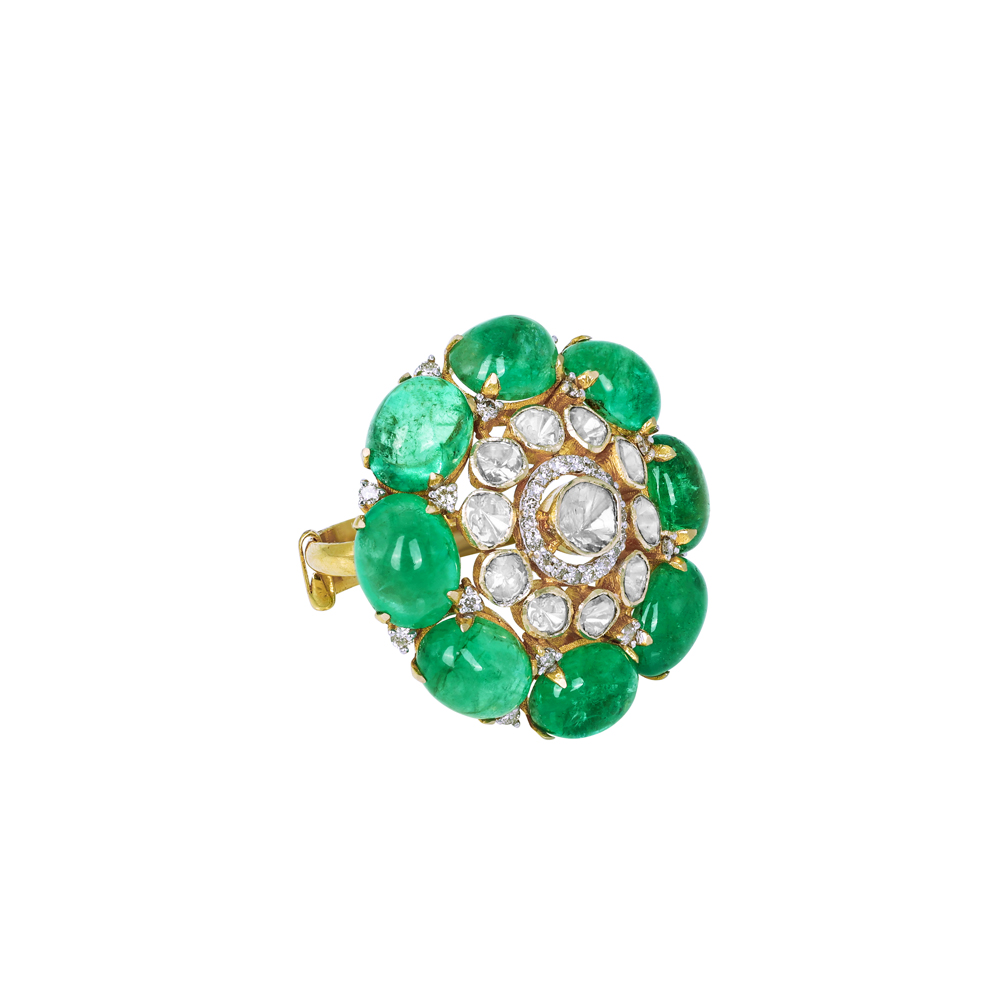 Floral Ring with Emerald Petals , Diamonds and Polki
