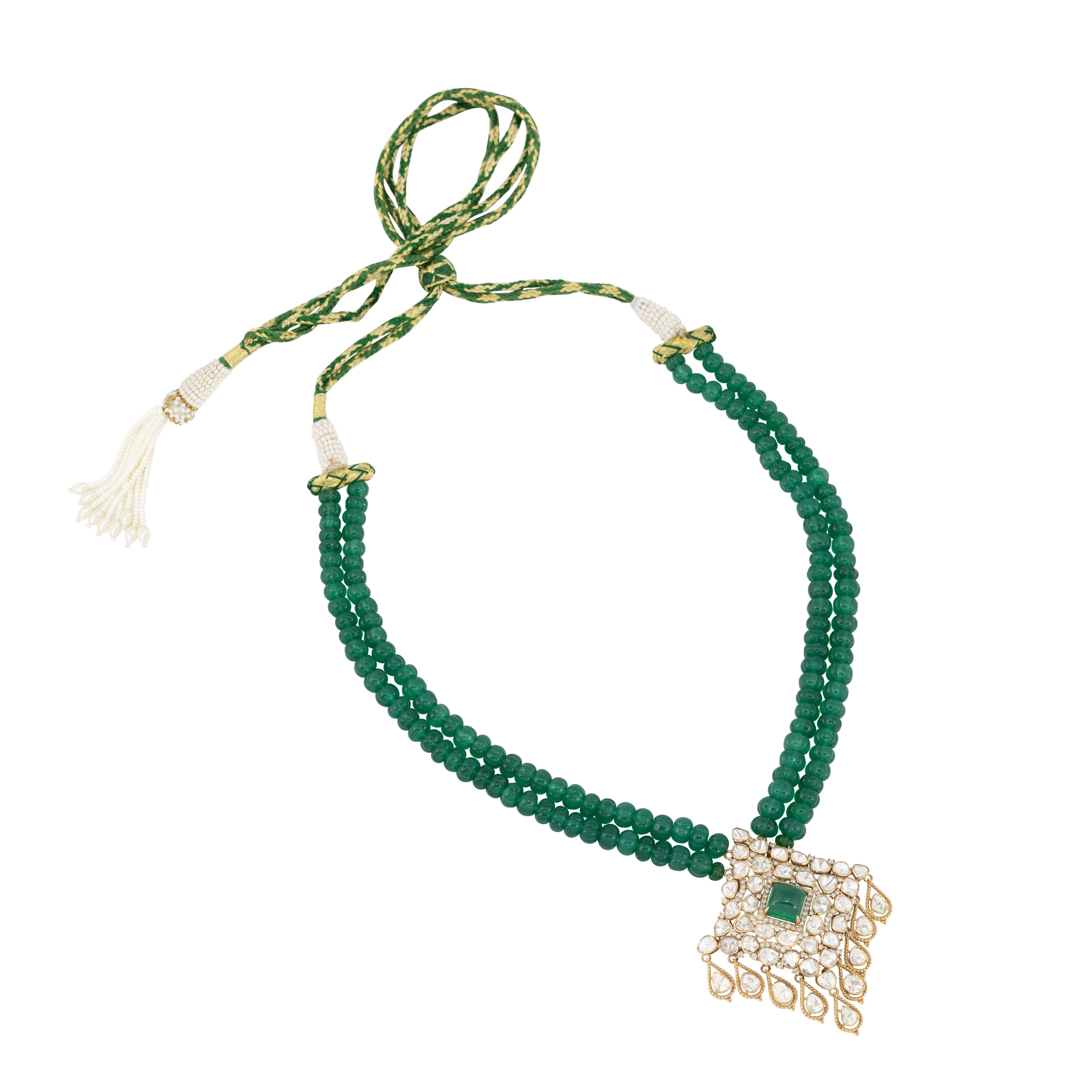 Deep Green Beaded Necklace with Polki Diamond Pendant