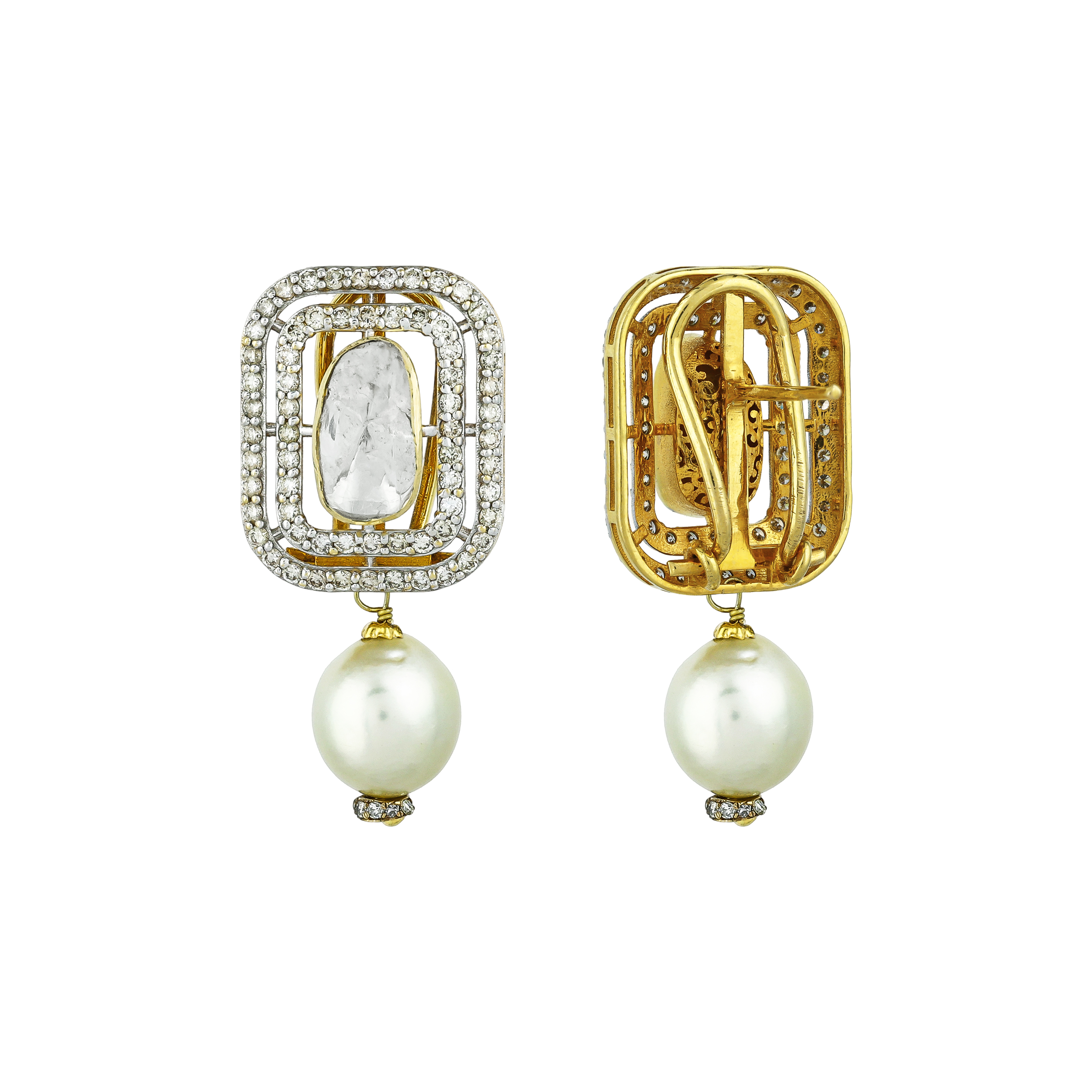 Polki Earrings with Diamond Frames & Southsea Pearls
