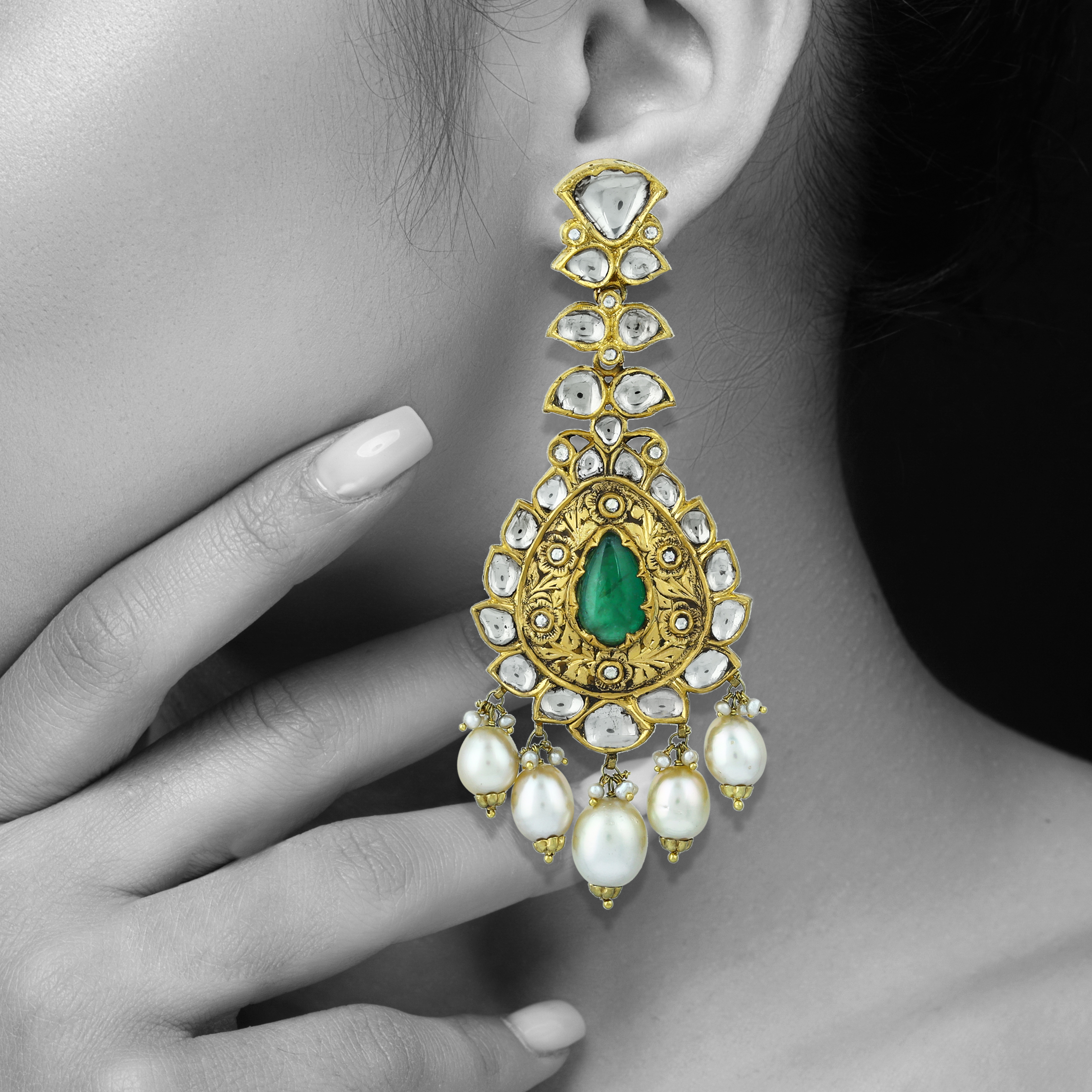 Partash Necklace Set with Uncut Diamonds and Green Pear Cabochons