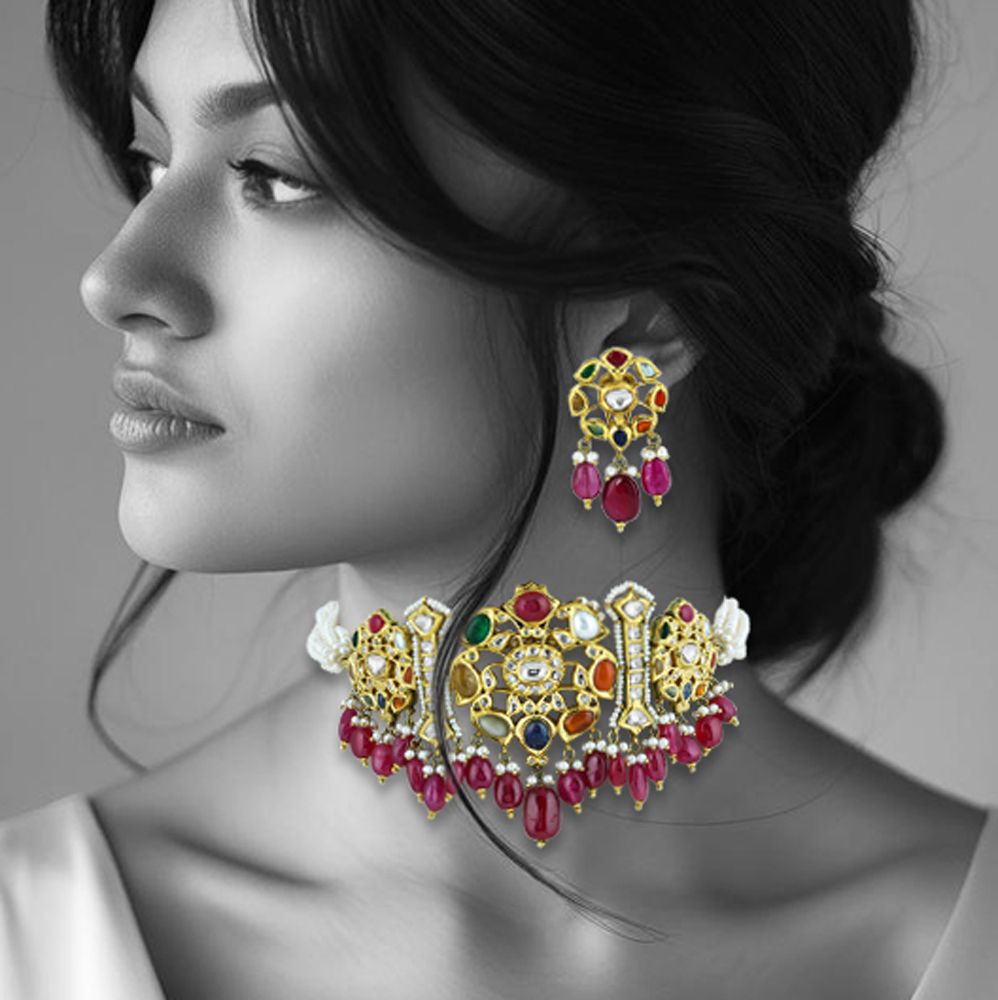 Polki Navaratna Choker Set with Ruby Drops and Detachable Kalangi
