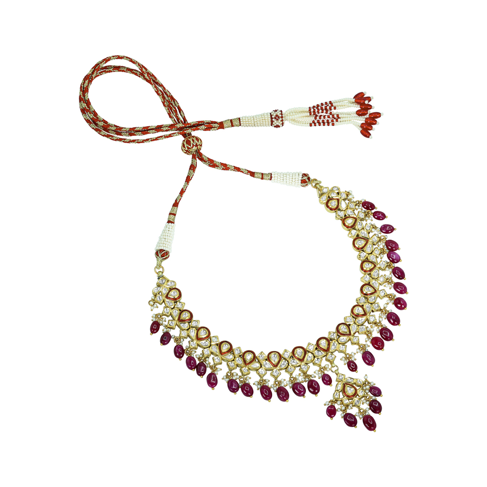 Polki Necklace with Red Enamel and Ruby Drops