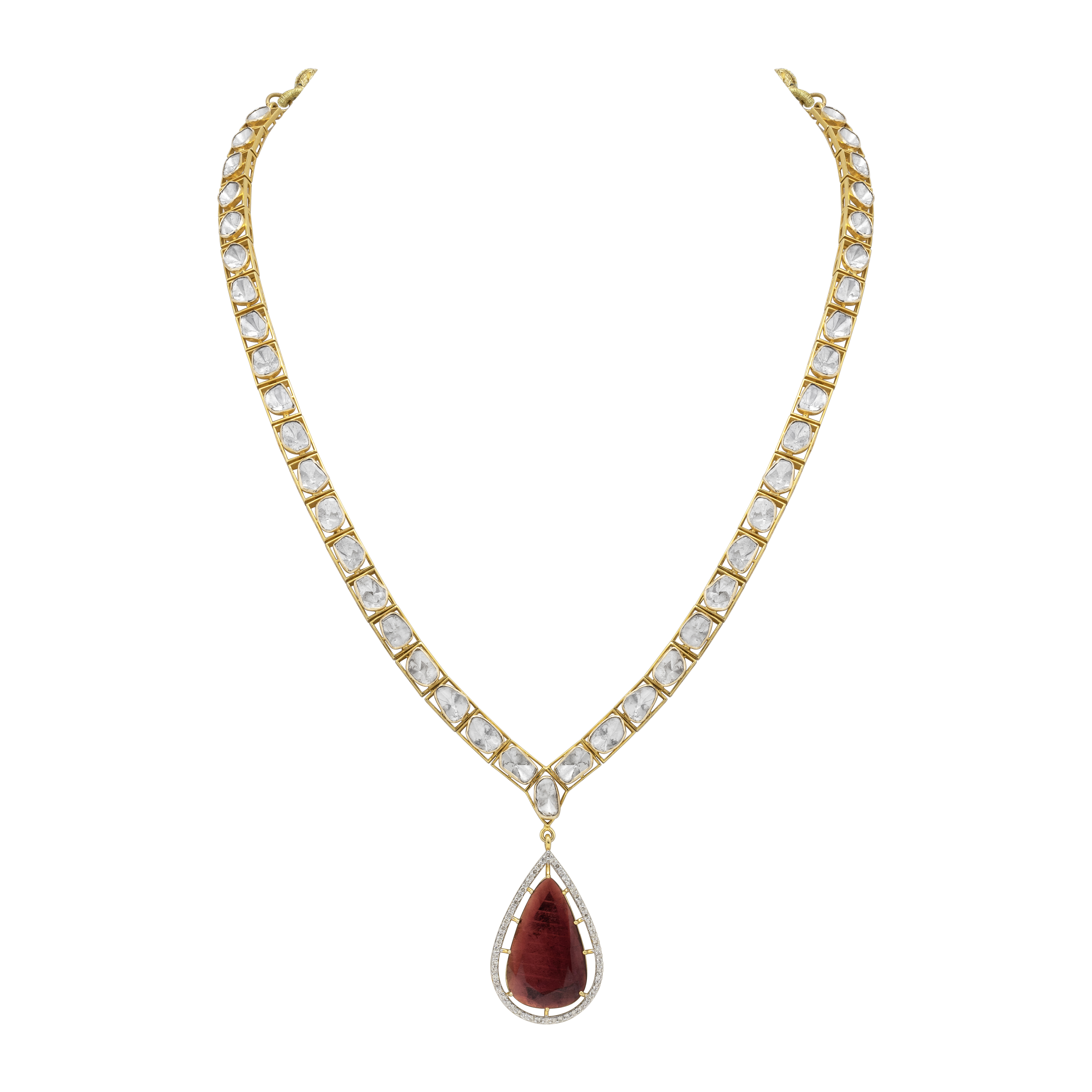 Single-Line Polki Necklace with Tourmaline Drop