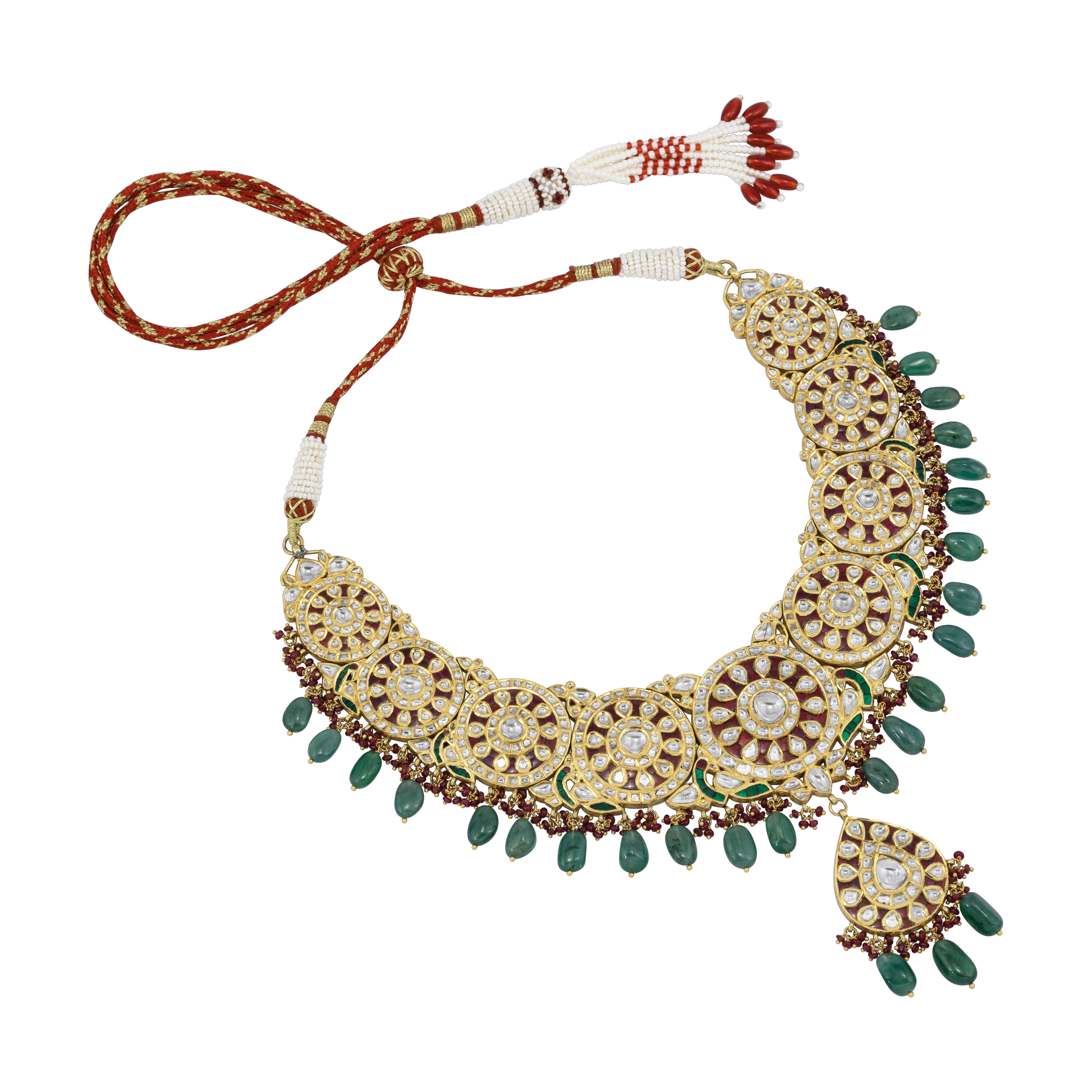 Polki Roundel Necklace with Ruby and Emerald Beads