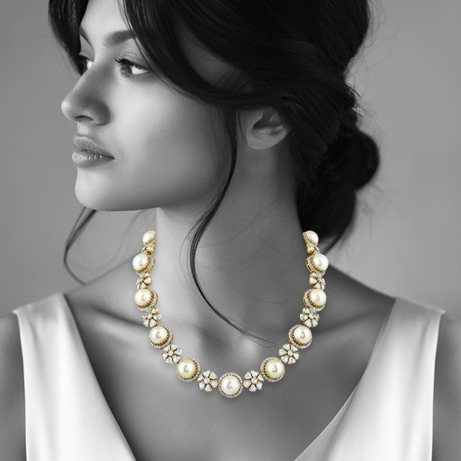 Pearl Necklace with Polki Floral Motifs & Diamond Halos