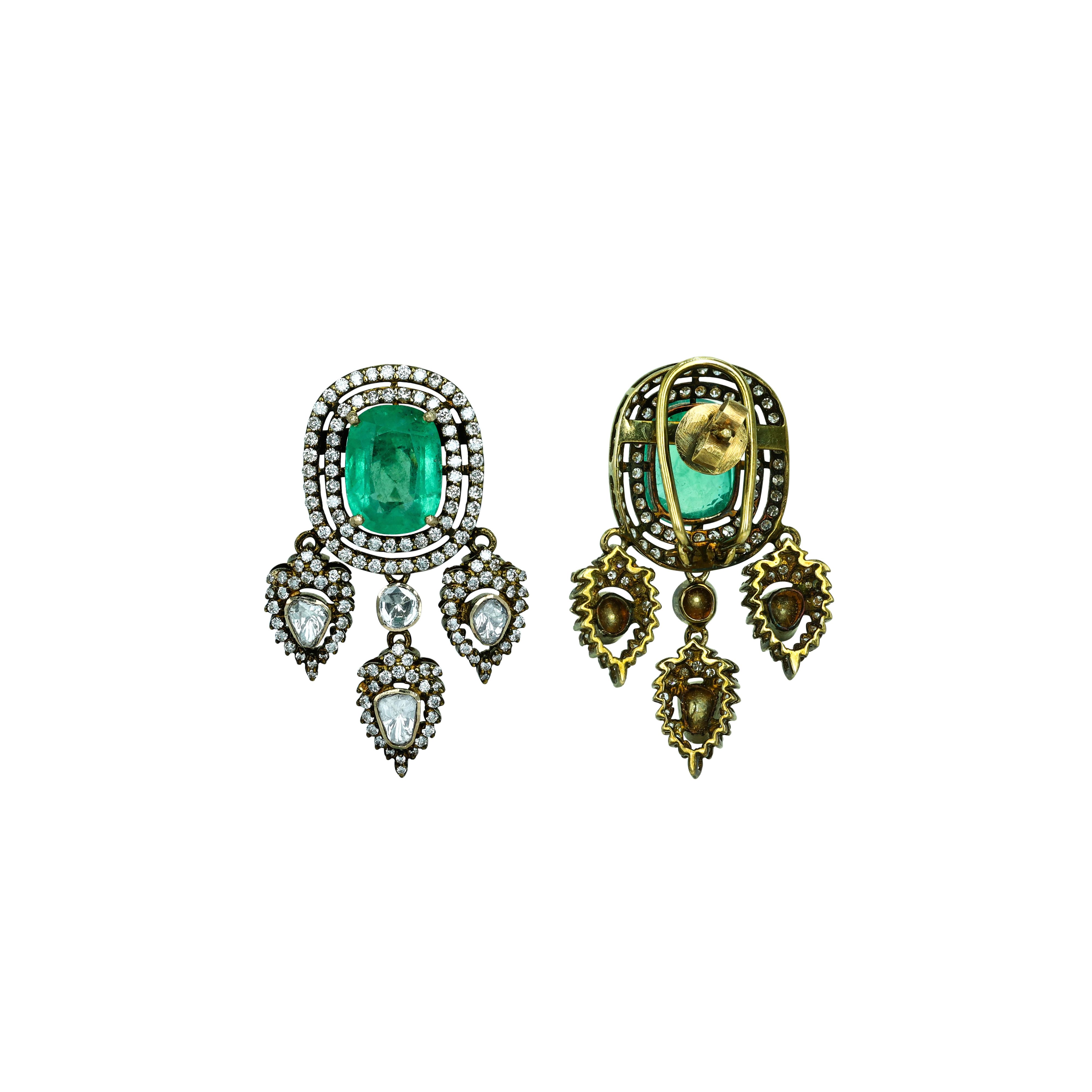 Antique Emerald Necklace Set with Diamond Halos and Teardrops