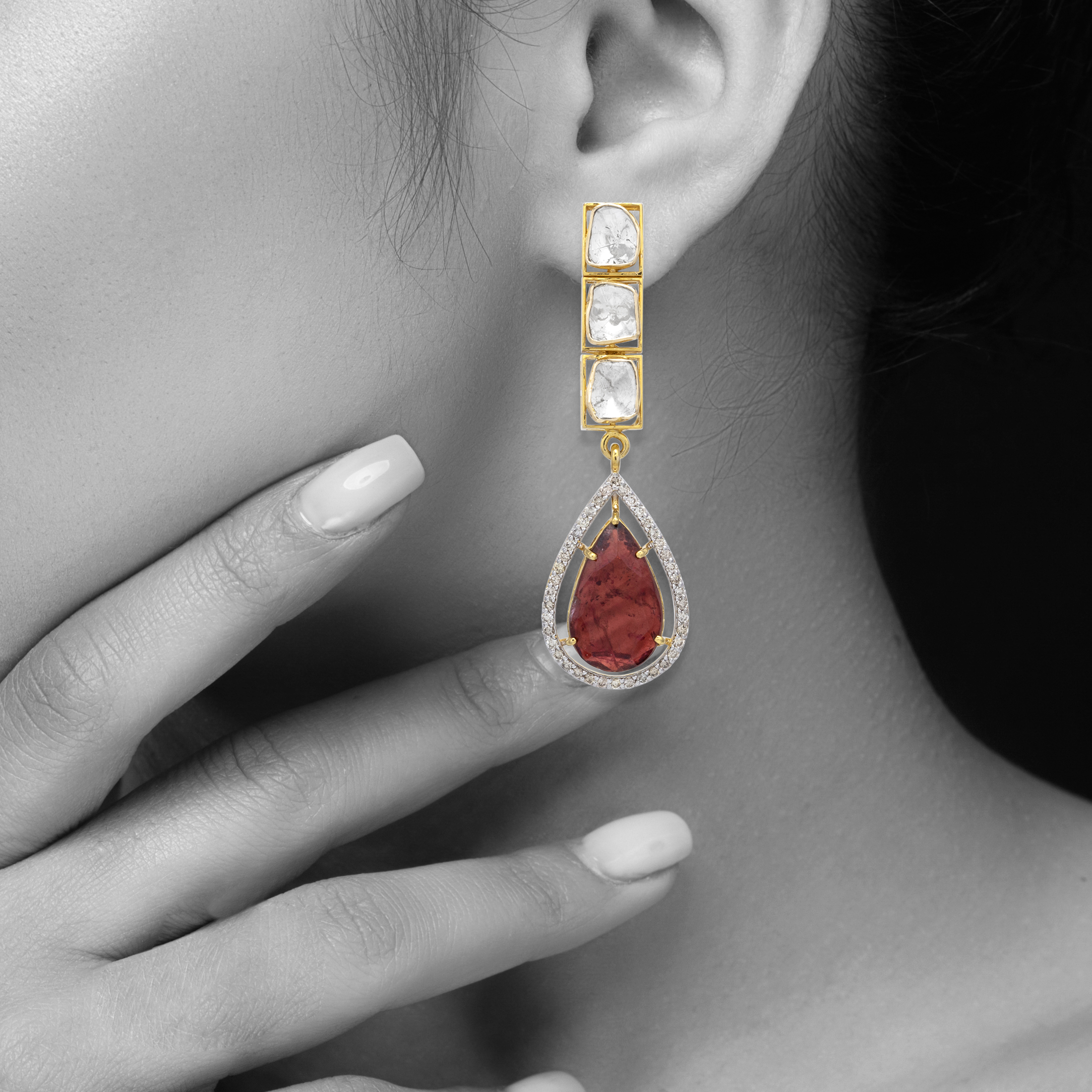 Polki Dangler Earrings with Tourmaline Drops