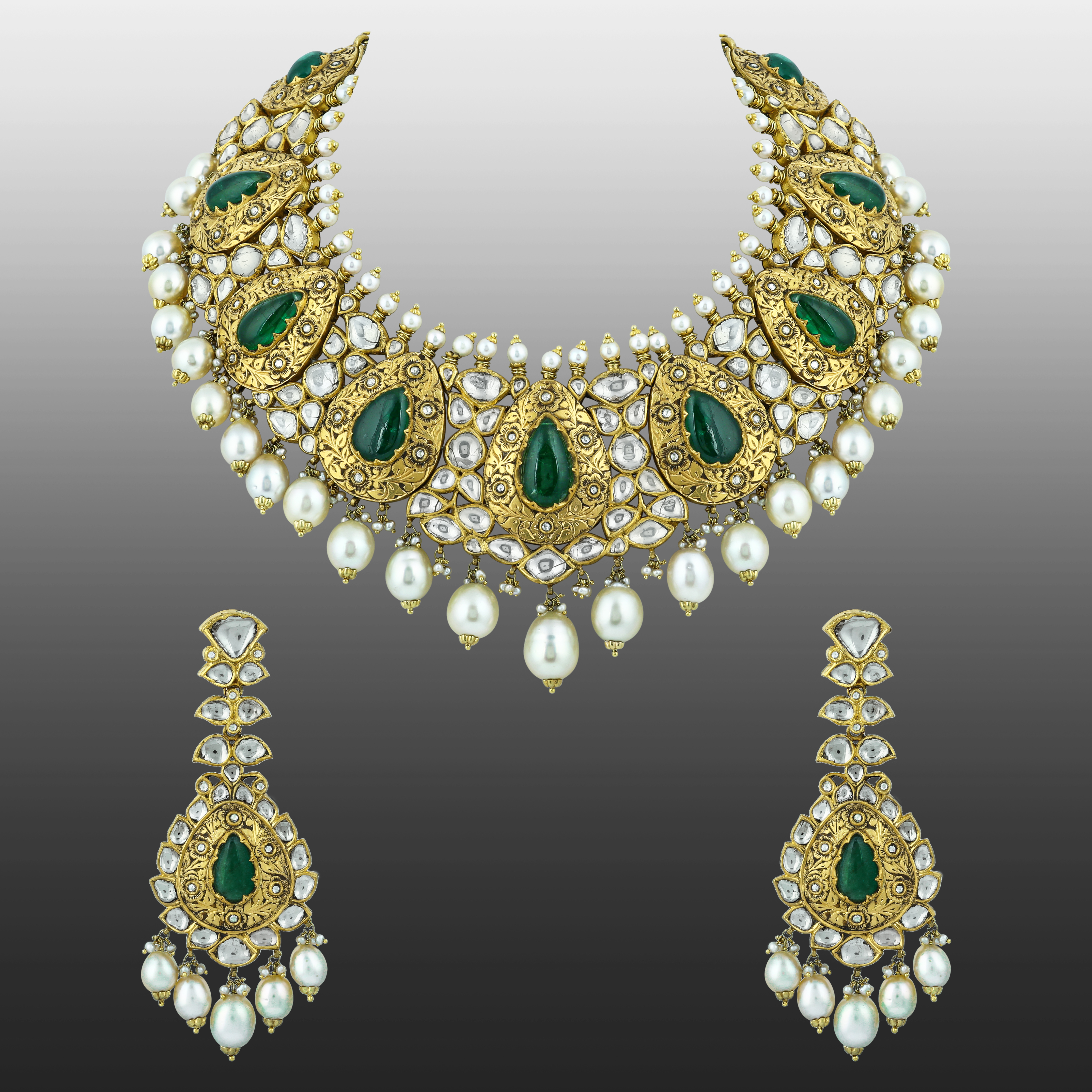Partash Necklace Set with Uncut Diamonds and Green Pear Cabochons