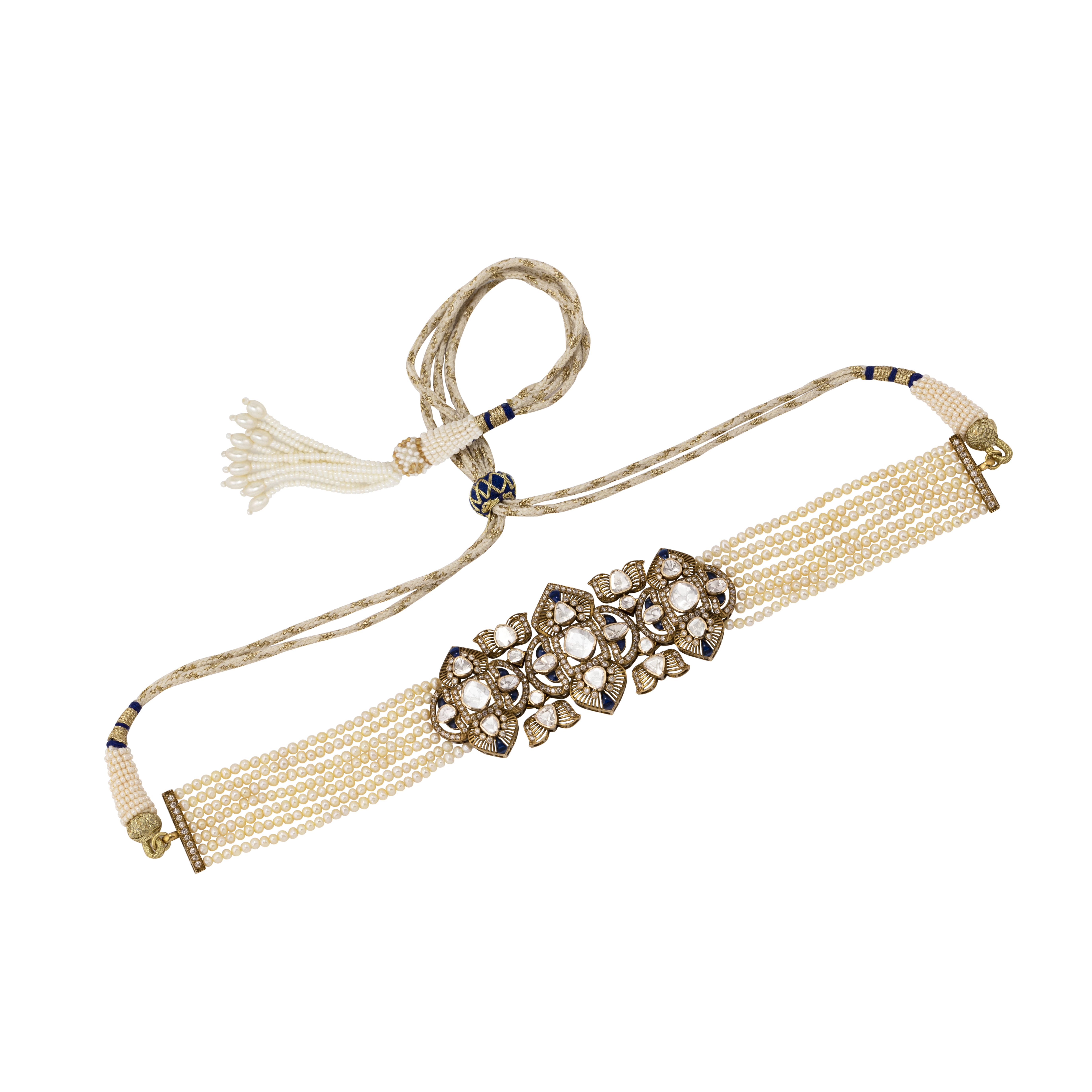 Antique Finish Choker with Blue Detail and Cheed Pearls