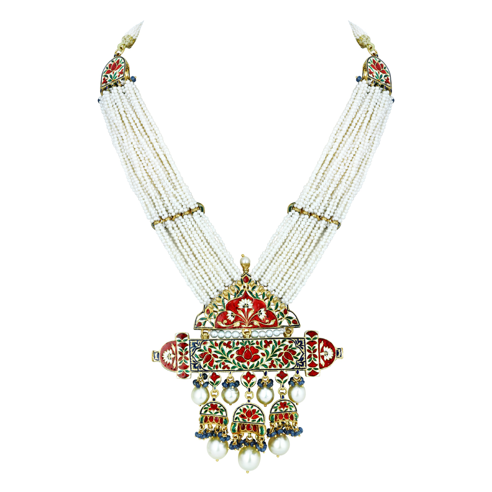 Pearl Strand Necklace with Polki Pendant and Blue Enamel