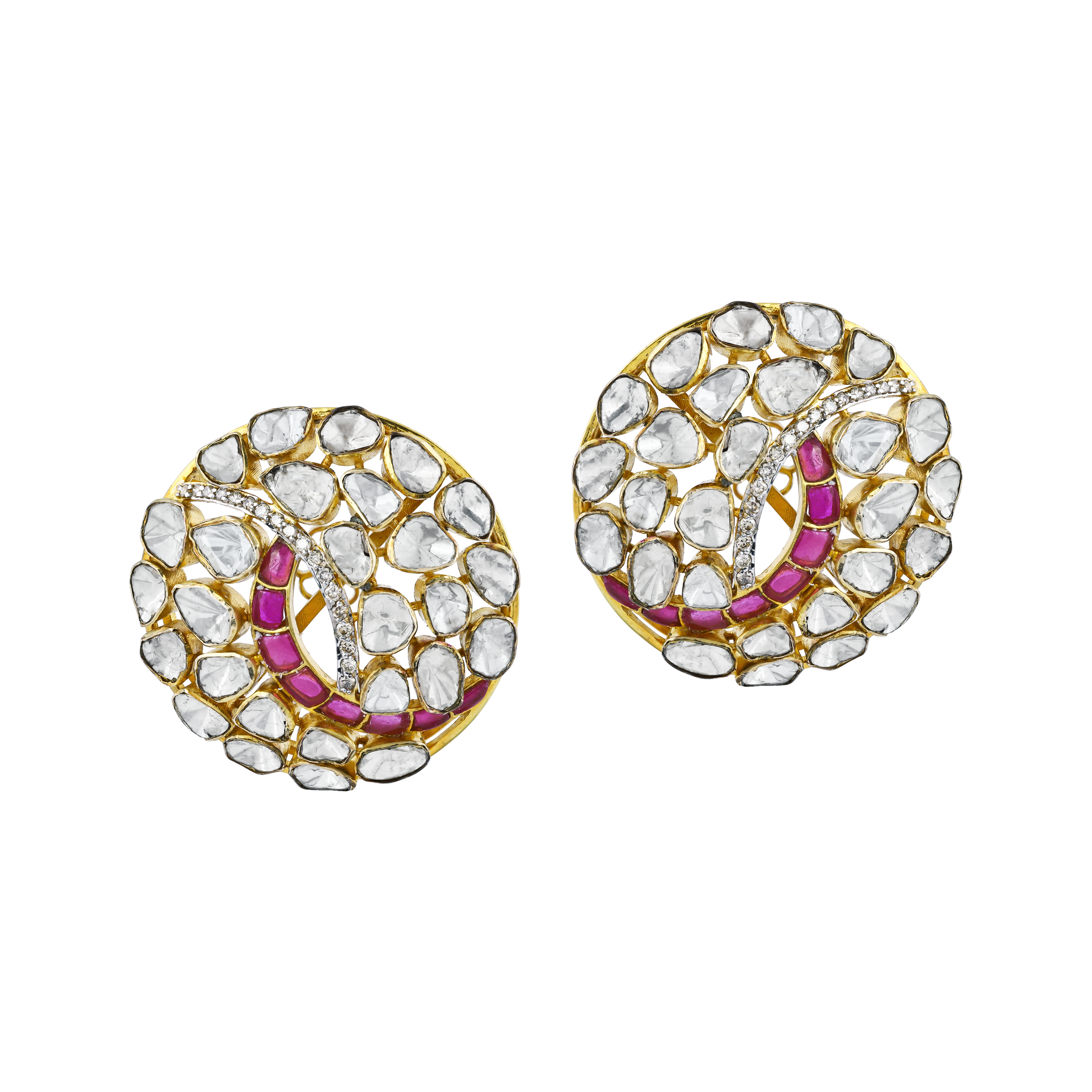 Round Polki Earrings with Pink Swirl Accent