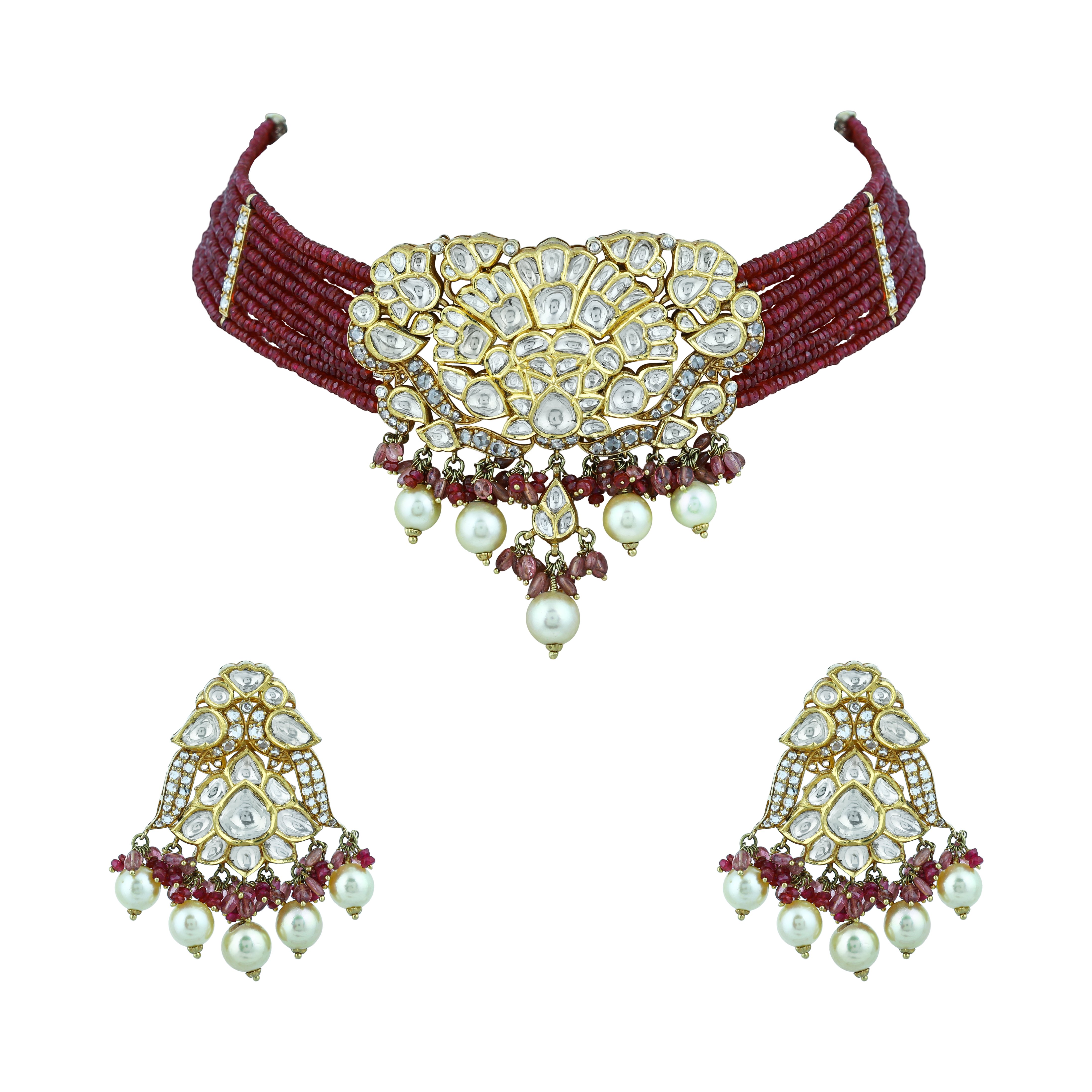 Choker Set with Uncut and Fullcut Diamonds, Ruby Beads & Pearls