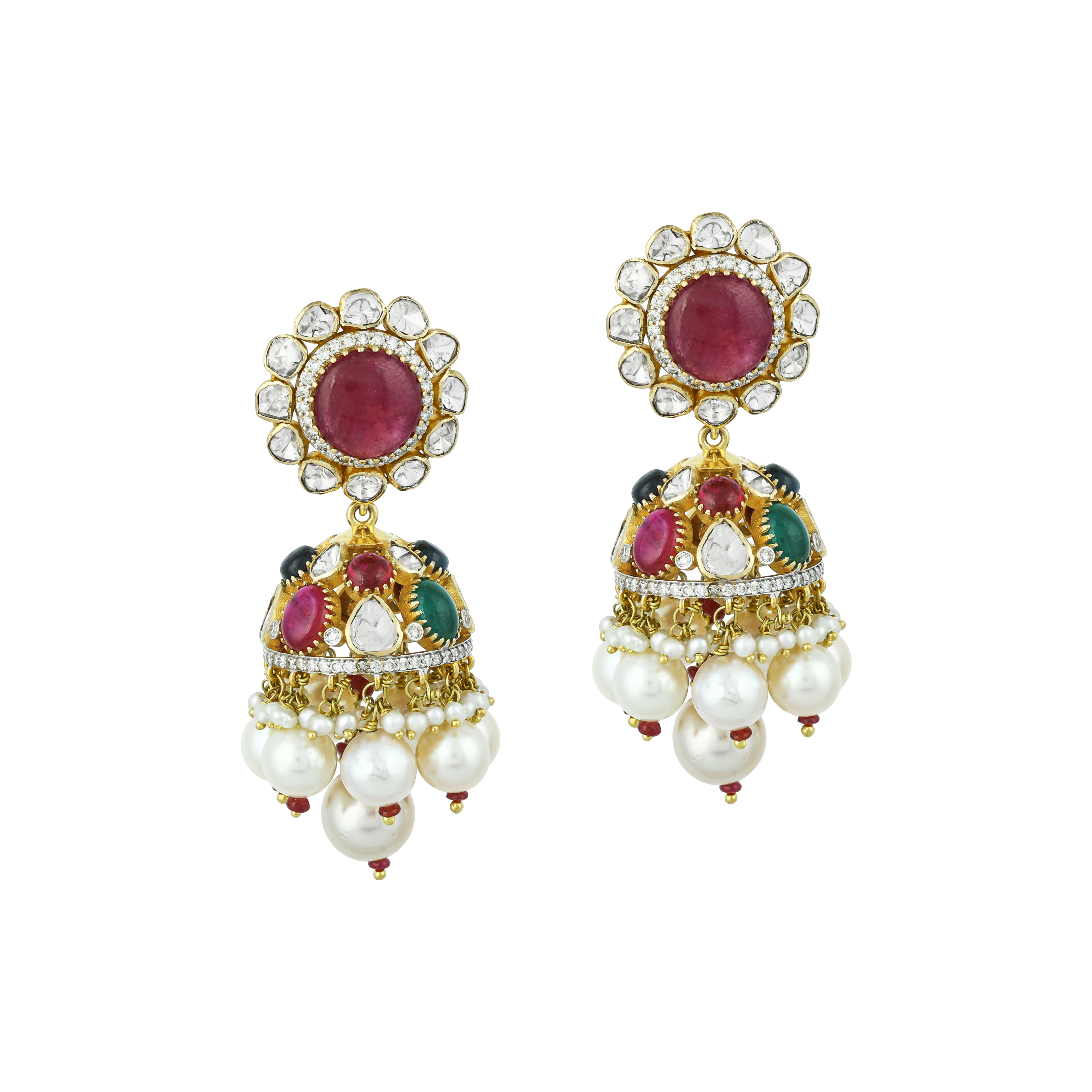 Navratan Necklace Set with Open Polki and Floral Motifs