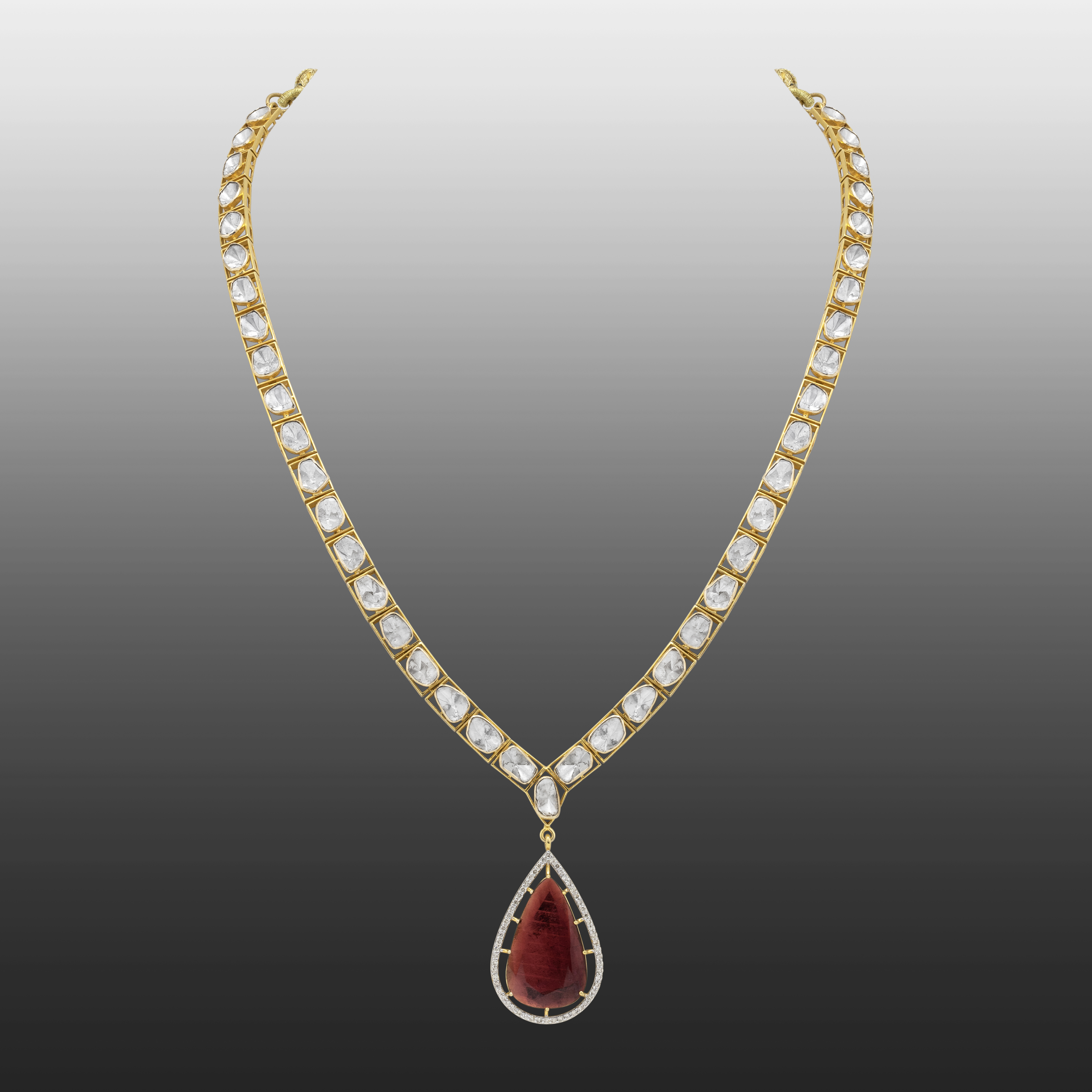 Single-Line Polki Necklace with Tourmaline Drop