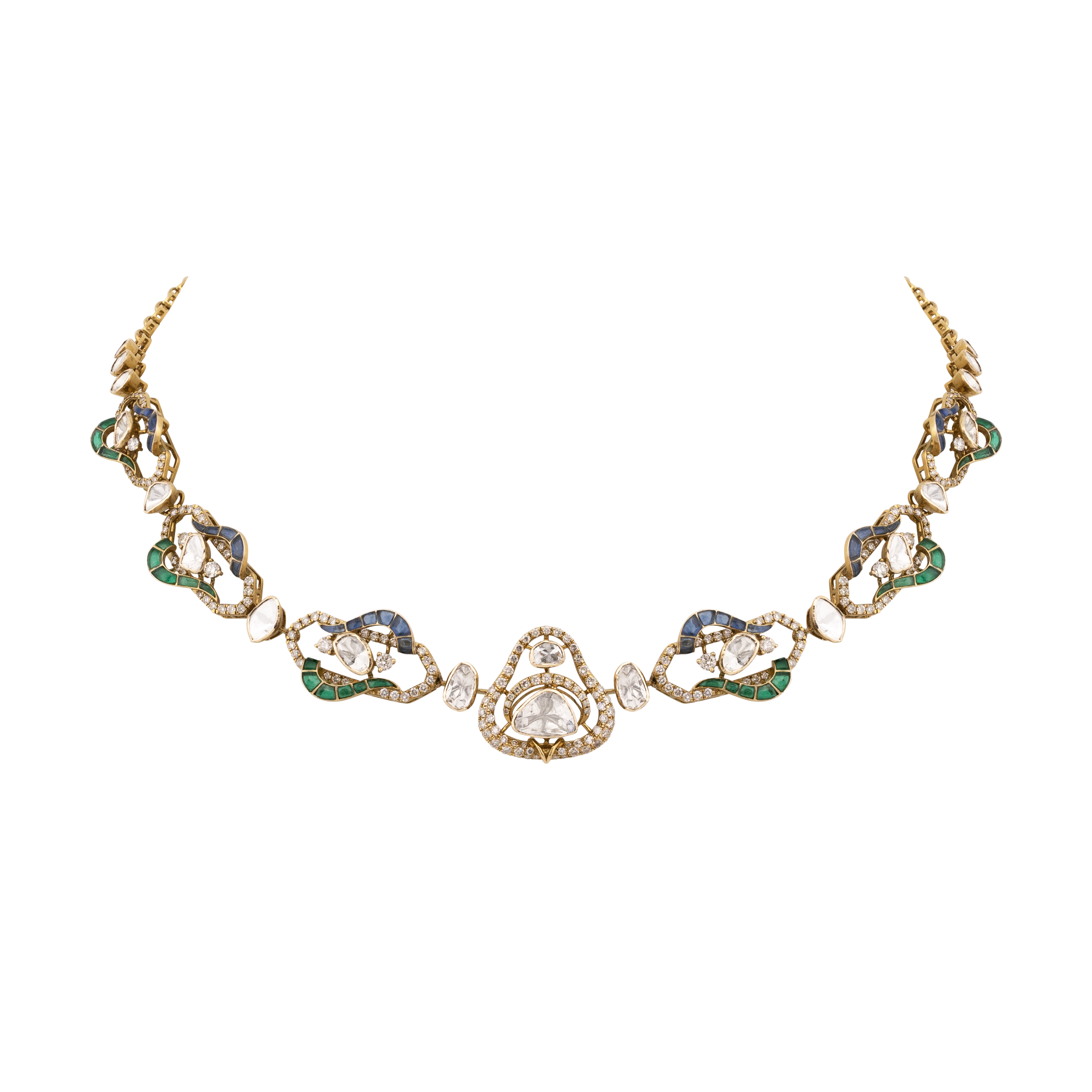 Polki Necklace with Blue-Green Talaf and Linked Motifs
