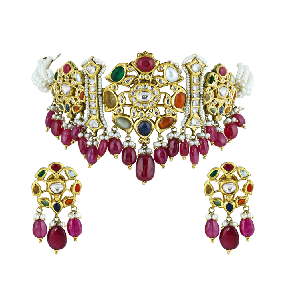 Polki Navaratna Choker Set with Ruby Drops and Detachable Kalangi