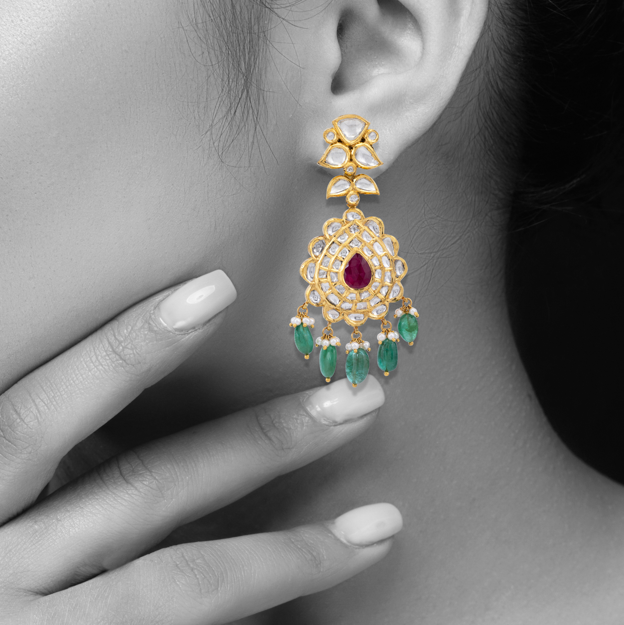 Teardrop Ruby Jadau Earrings with Emerald Drops