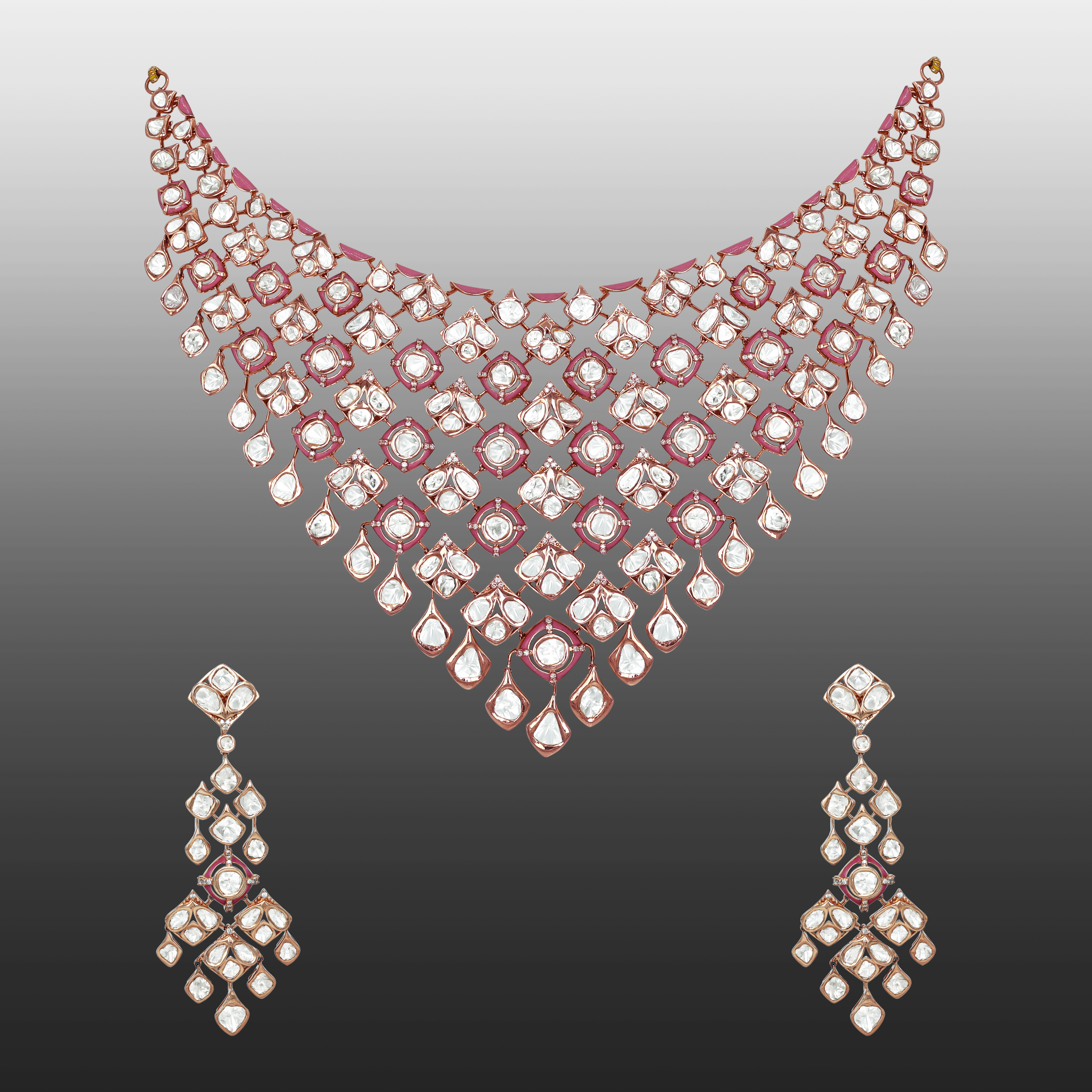 Polki Necklace Set with Pink Enamel Intricate work
