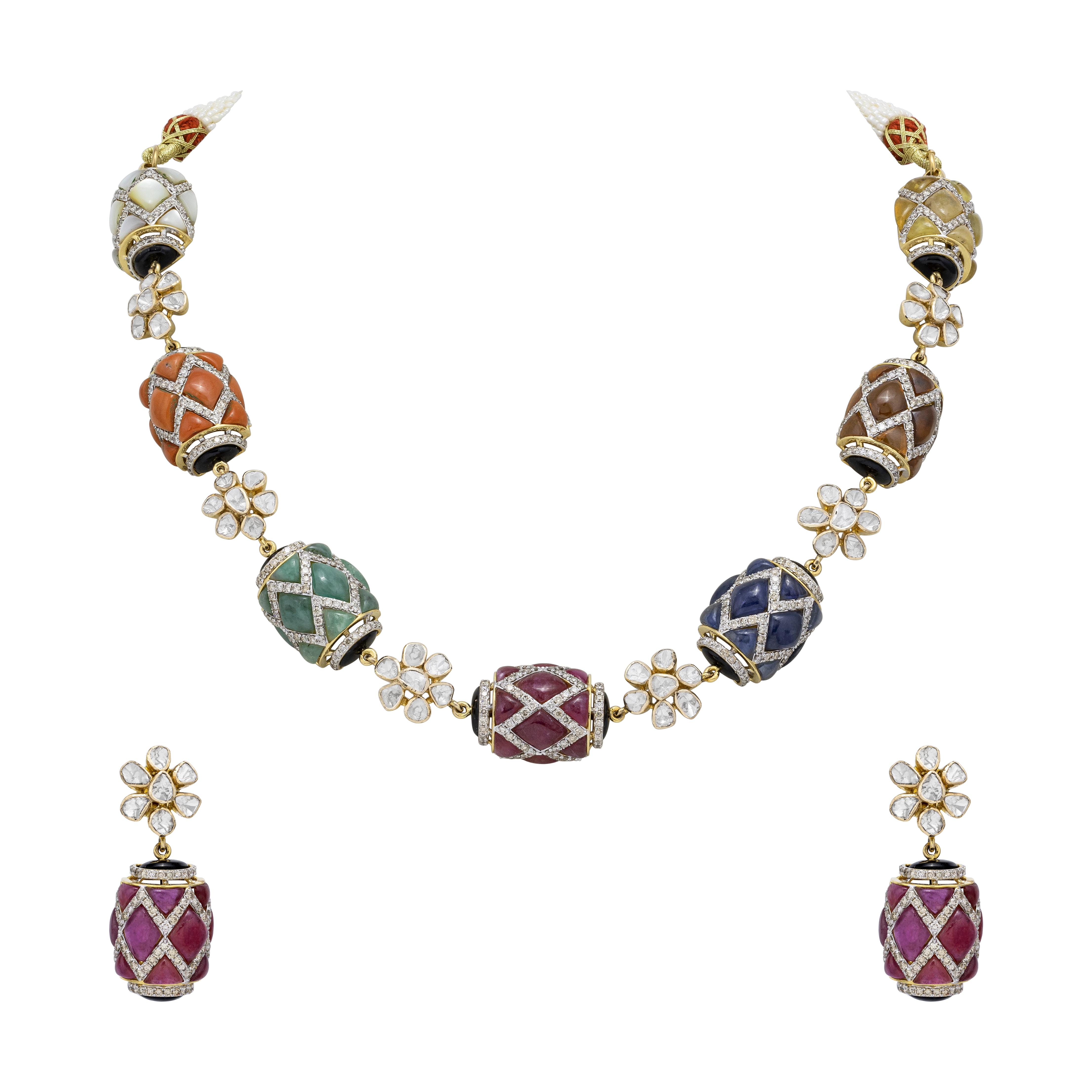 Navratna Bead Necklace with Floral Accents