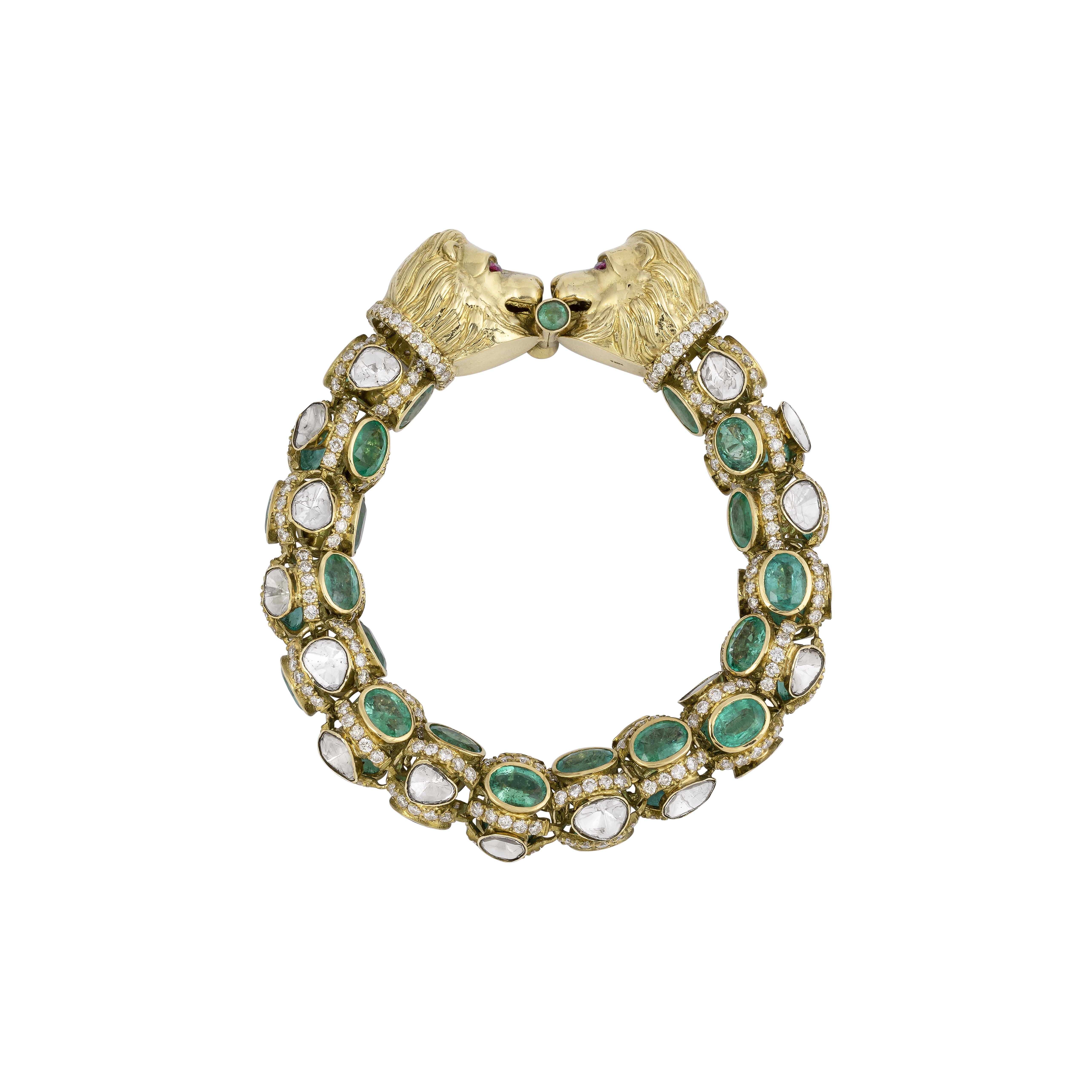 Antique Regal Sutarla Bracelet with Cut Emerald, Polki & Lion Heads