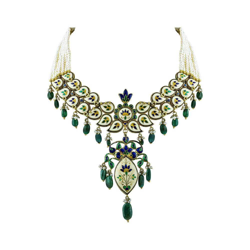 Polki Necklace Set with Emerald Drops and Pearl Strands