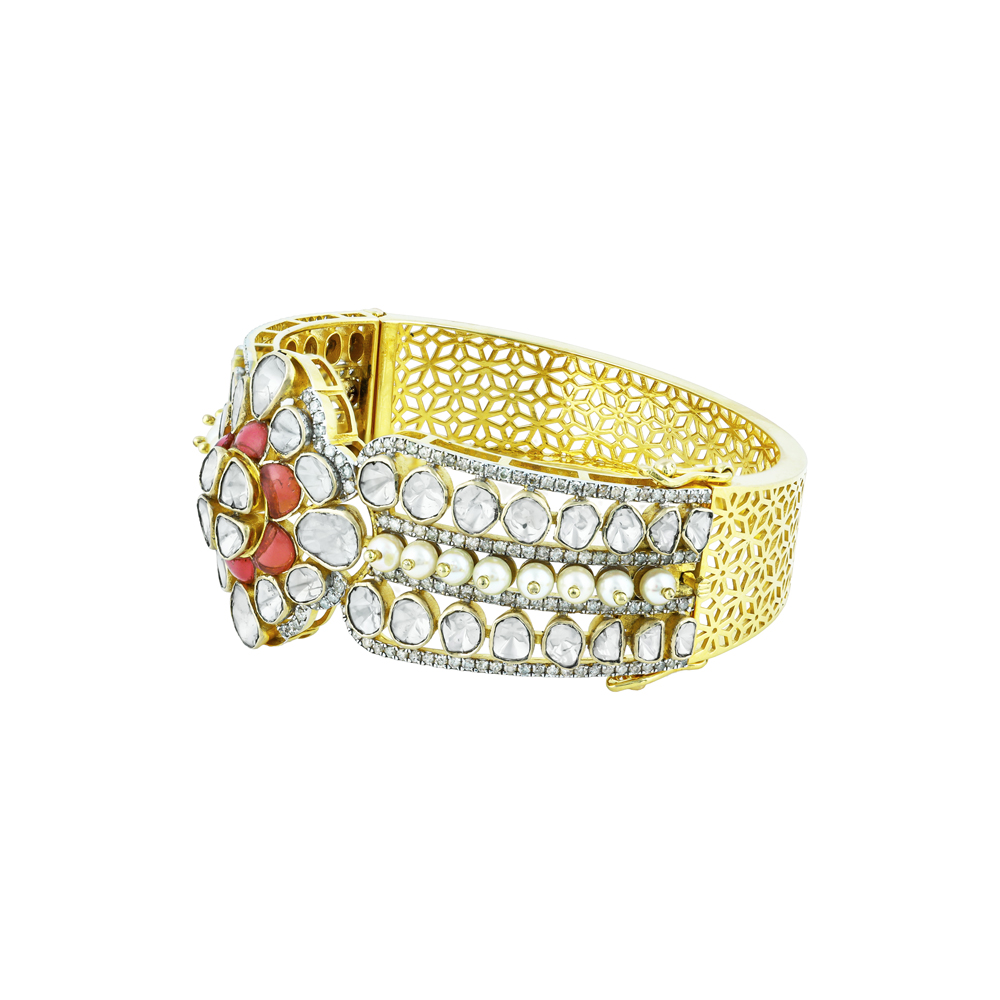 Floral Polki Bangle with Pink Talaf and Studded Pearls