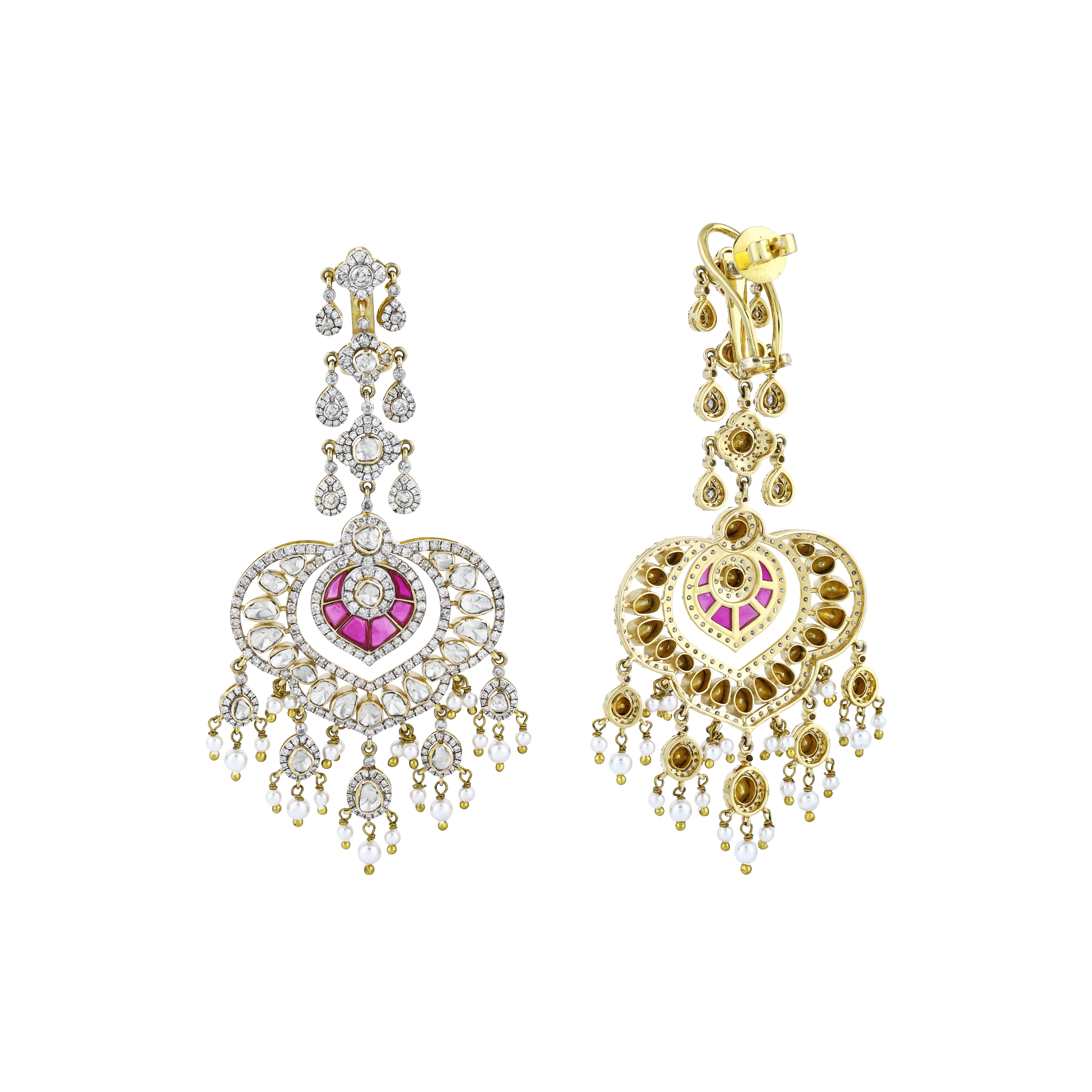 Polki Chandelier Earrings with Red Talaf, Diamonds, and Pearls