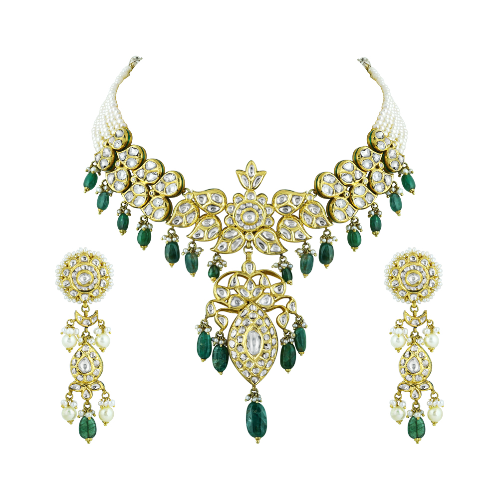 Polki Necklace Set with Emerald Drops and Pearl Strands