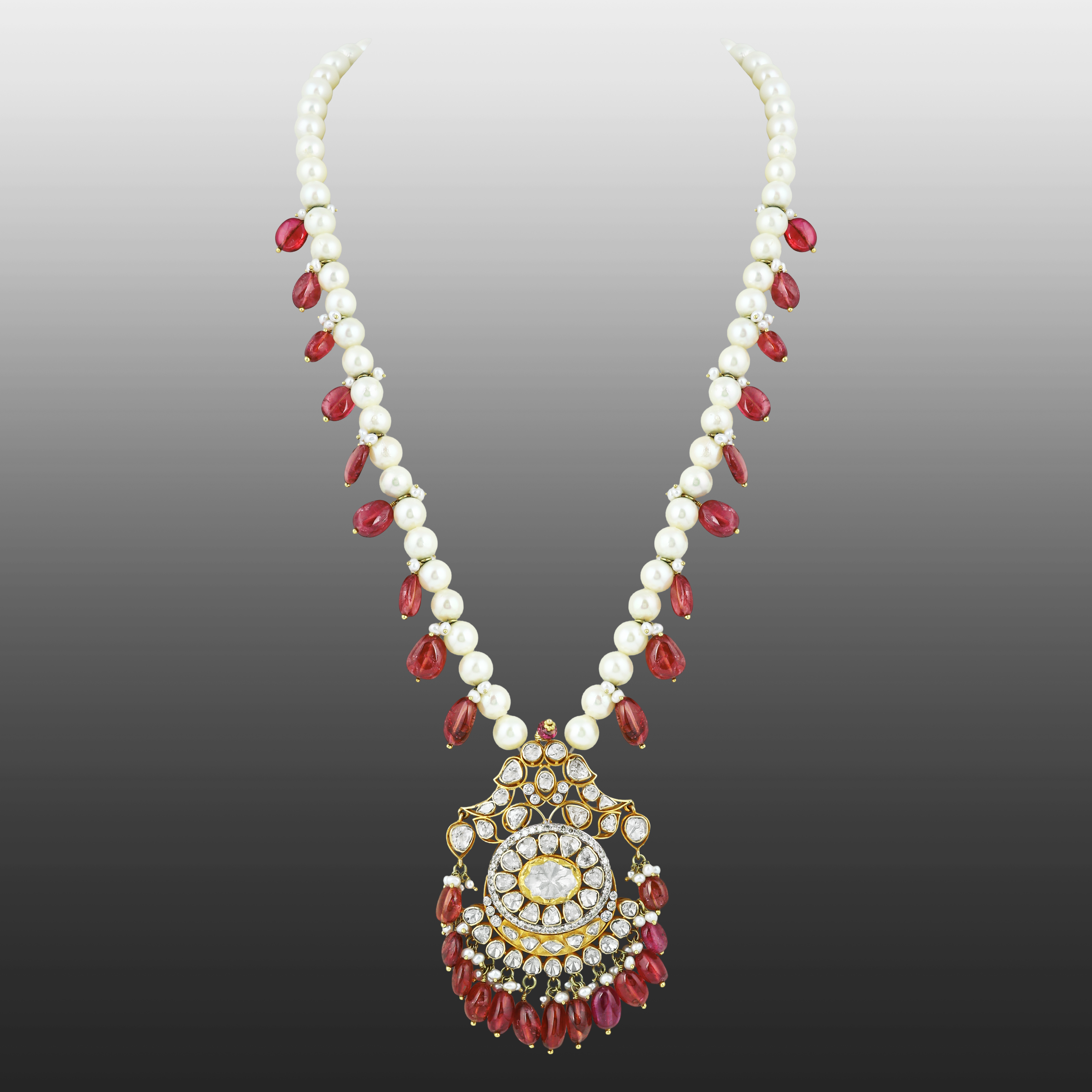 Pearl Necklace with Tourmalines & Uncut Diamond Pendant