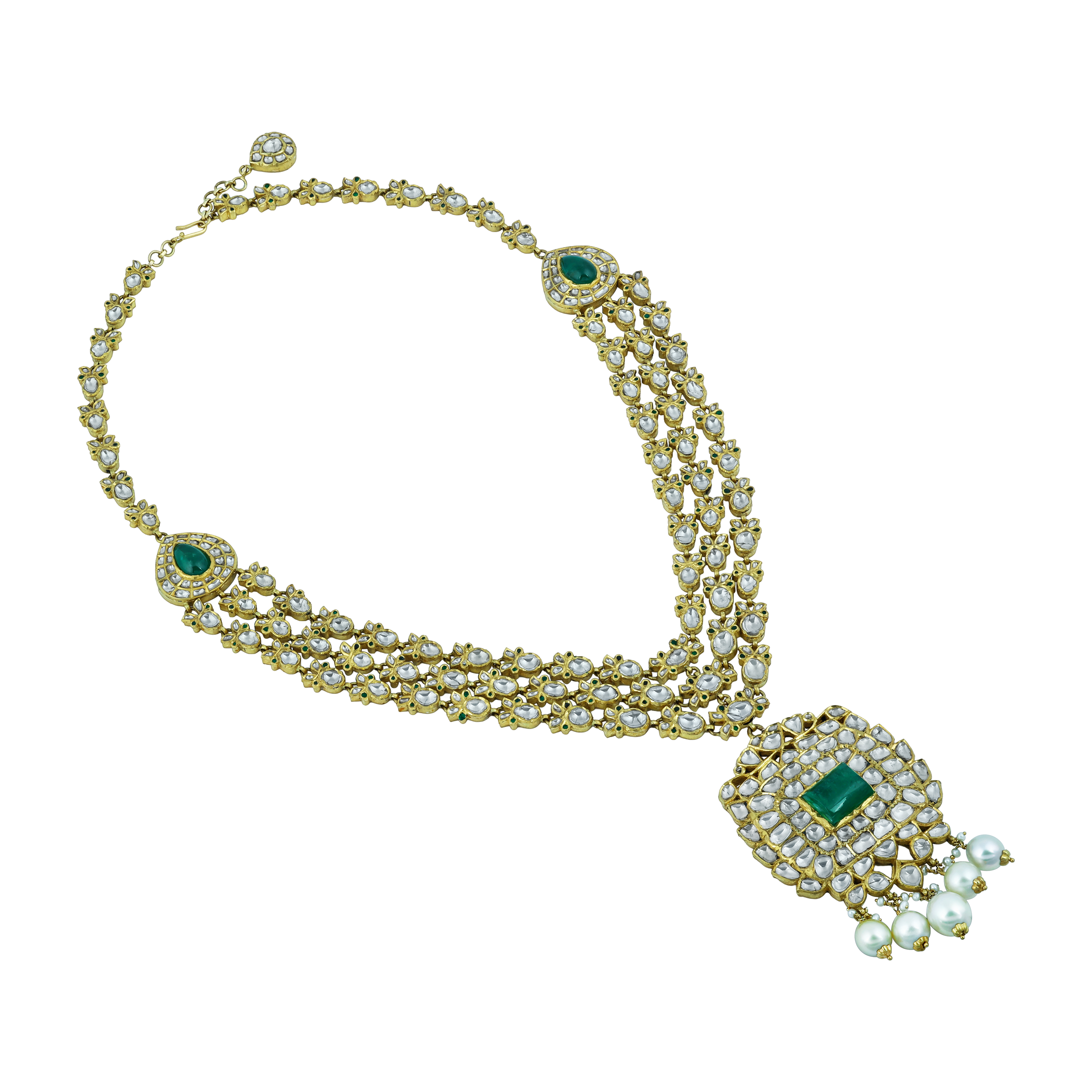 Triple-Line Necklace Set with Polkis, Emerald Pendant & Pearls