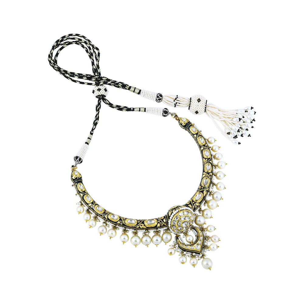 Hasli Polki Necklace Set with Black Enamel and Pearls