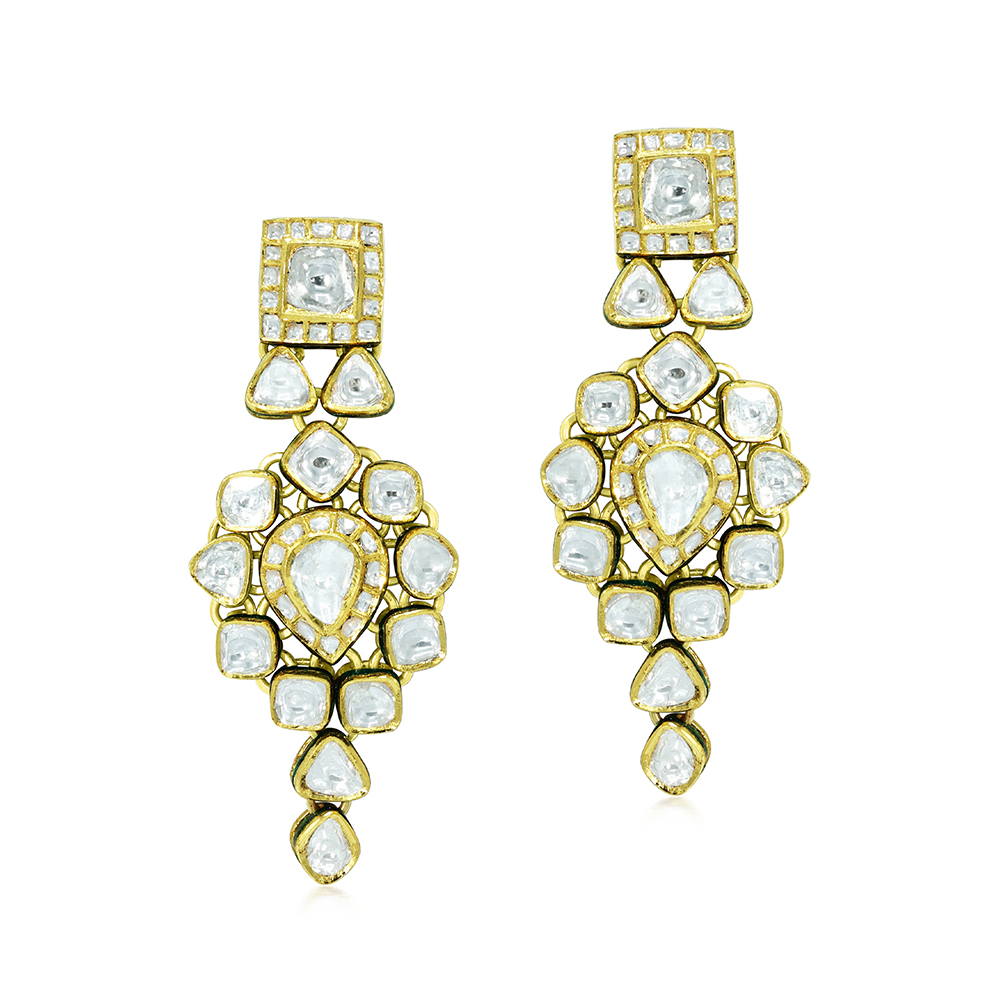 Gold Dangling Earrings with Pear-Shaped Polki Center
