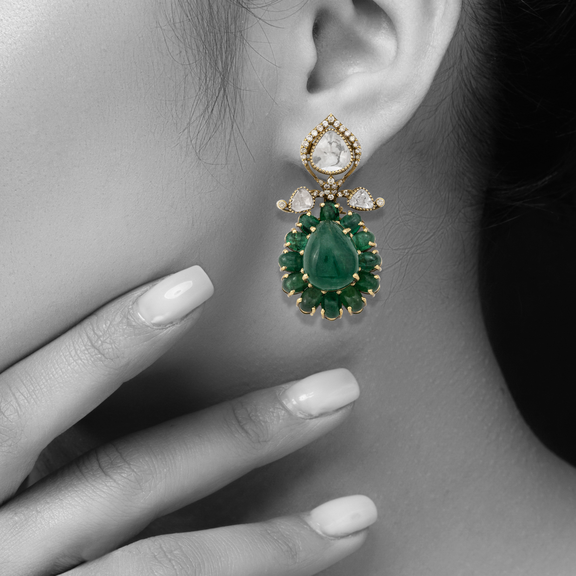 Antique Emerald Drop Earrings with Beaded Halo