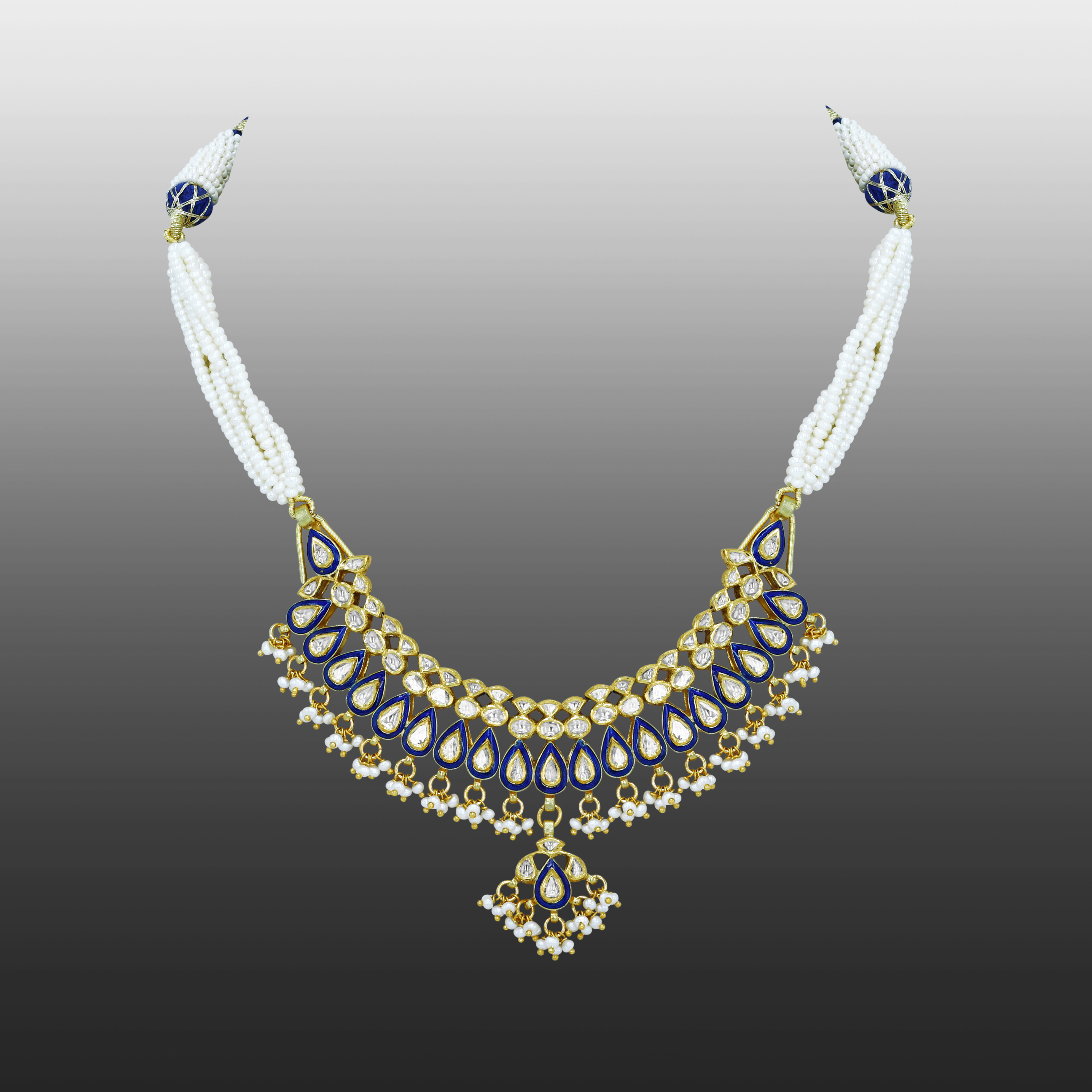 Blue Enamel Teardrop Necklace with Pearls and Fringe Details