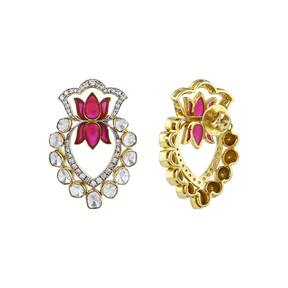 Lotus Motif Earrings with Uncut Diamonds and Red Talaf Accents
