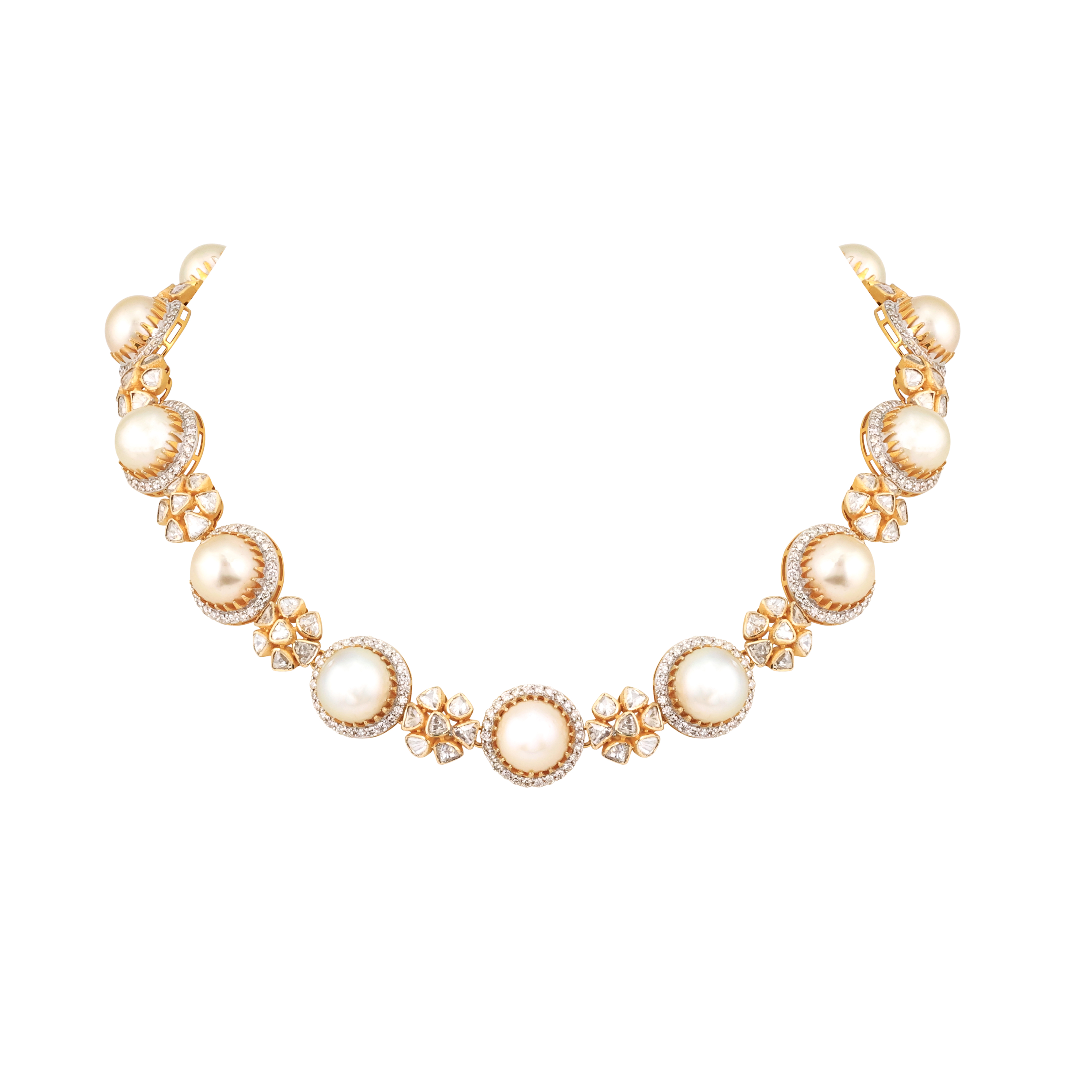 Uncut Polki Floral Necklace with Diamond and Pearls